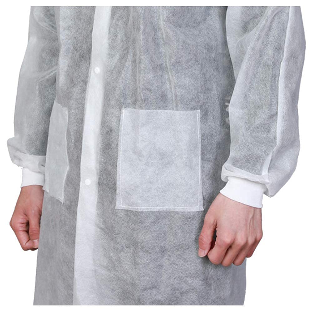Disposable Lab Coats for Adults with Pockets - Case of 50, White with Knitted Collar & Cuffs (Sizes Small to XX-Large) - Perfect for Medical Labs, Hospitals, Research Facilities & Science Experiments