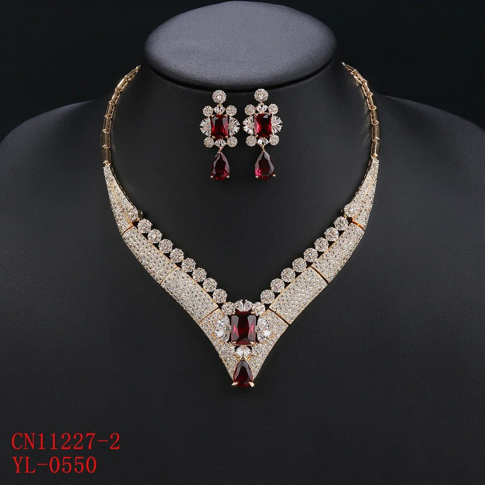 Luxury 2-Piece White, Red, Green Necklace & Earrings Set - Cubic Zirconia Women's Jewelry for Wedding, Party & Special Occasions - CN11227 | Perfect for Bridal Accessories, Anniversary Gifts & Evening Events