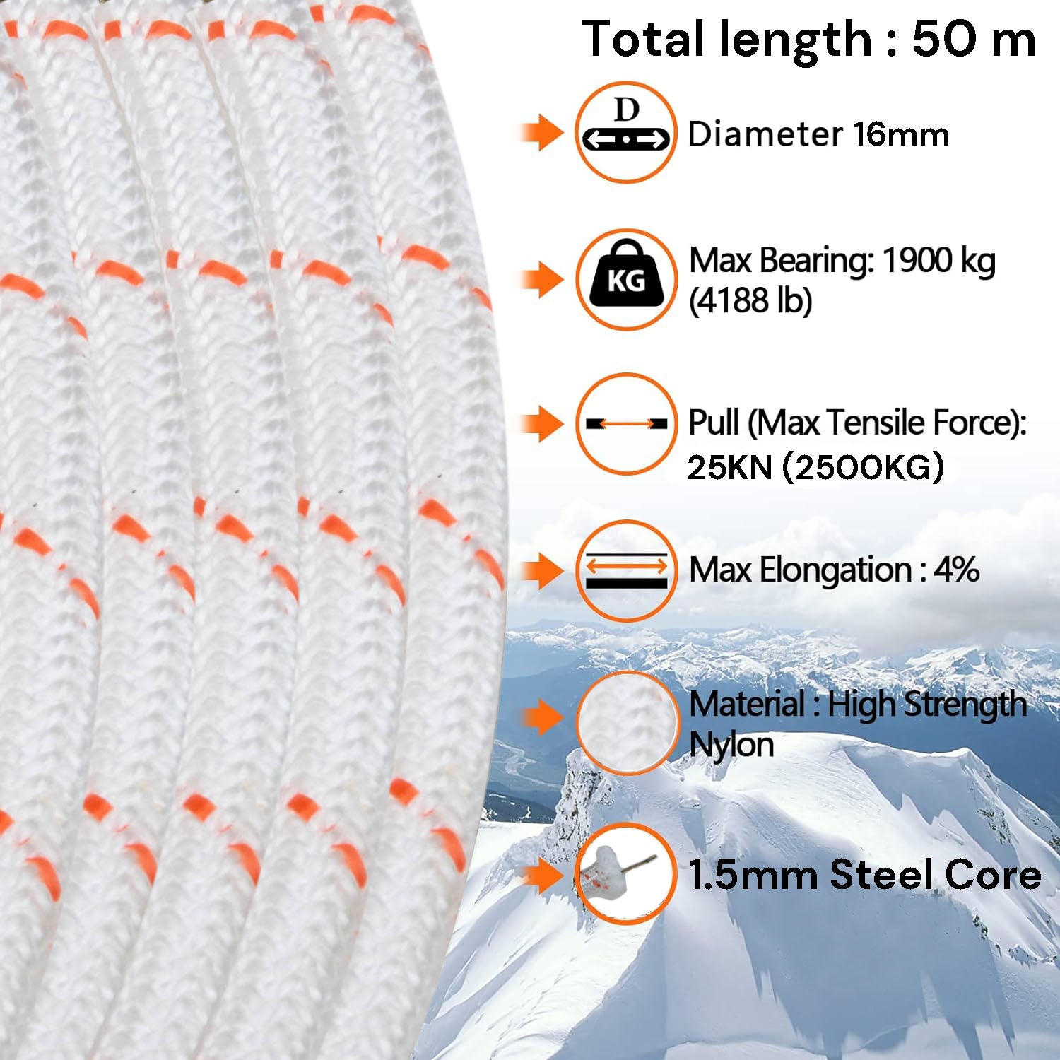16mm x 50m Nylon Safety Climbing Rope - Heavy Duty Static Rope for Rock Climbing, Outdoor Boating, Marine Anchor & Dock Lines - Perfect for Mountaineering, Sailing, and Water Sports Activities