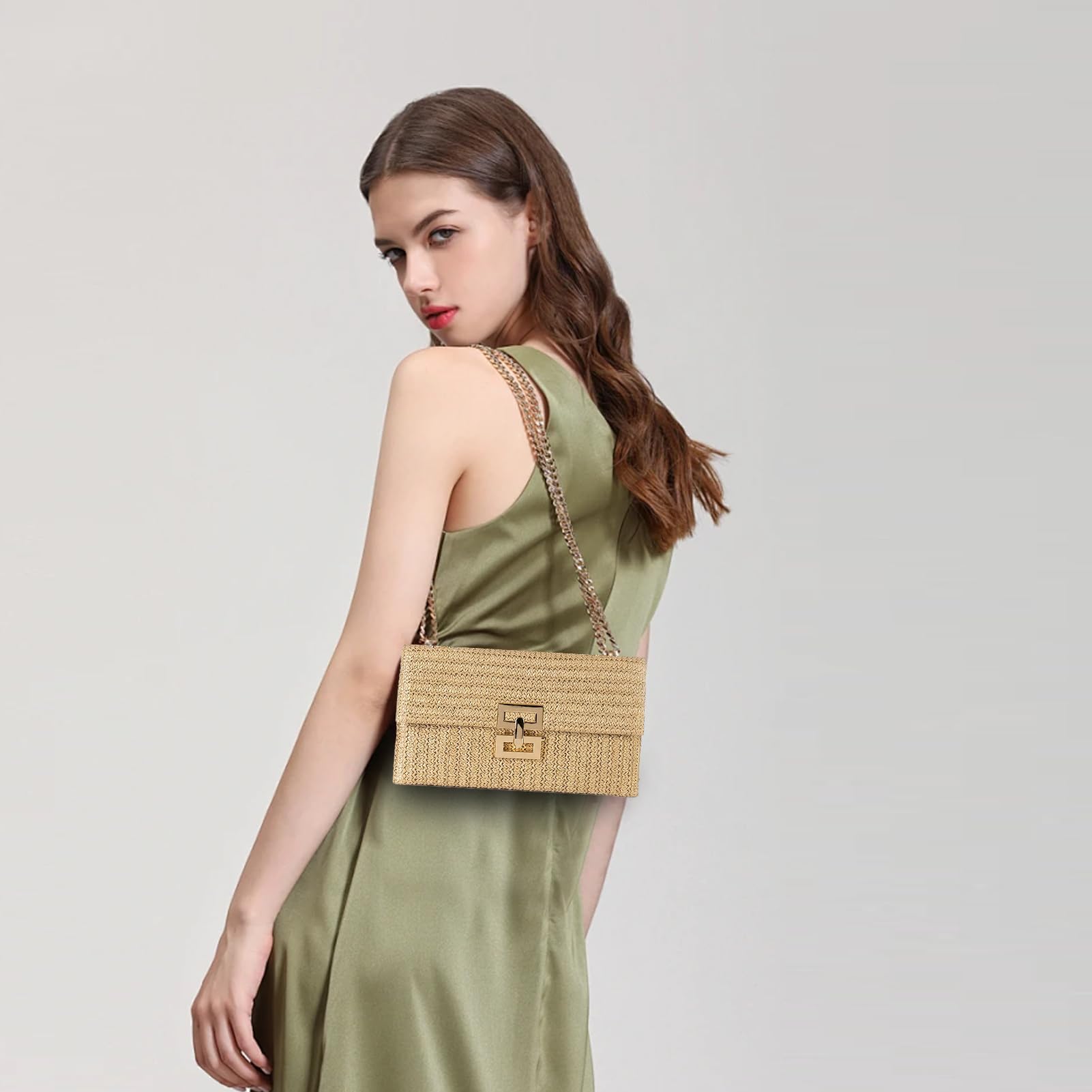 Women's Straw Chain Clutch Purse - Woven Envelope Handbag with Shoulder Strap & Crossbody Strap - Perfect for Beach, Summer Outings & Casual Events