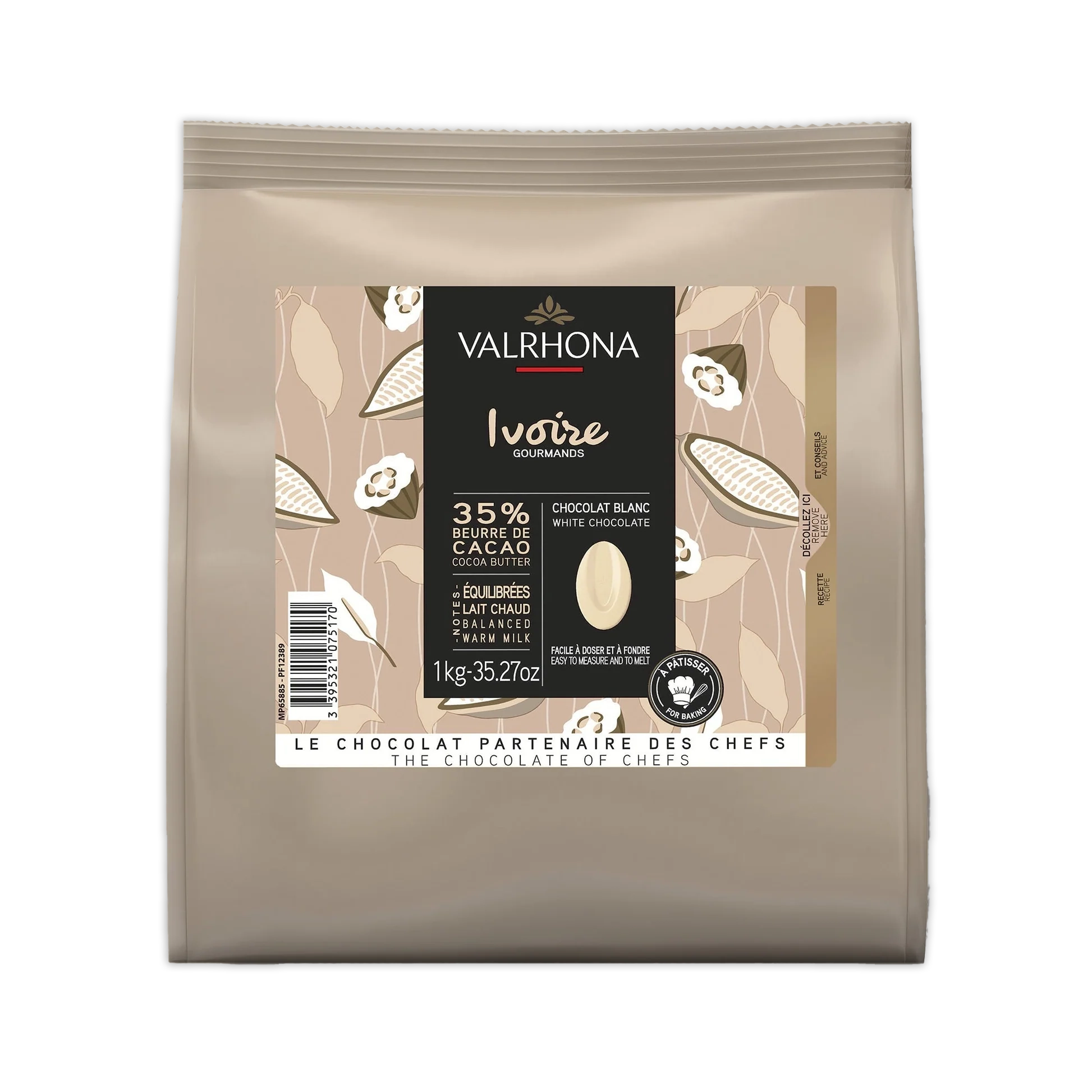 Valrhona Bulk Baking Feves Ivoire 35% White Chocolate 1kg - Premium Baking Chocolate for Pastries, Desserts & Professional Chefs