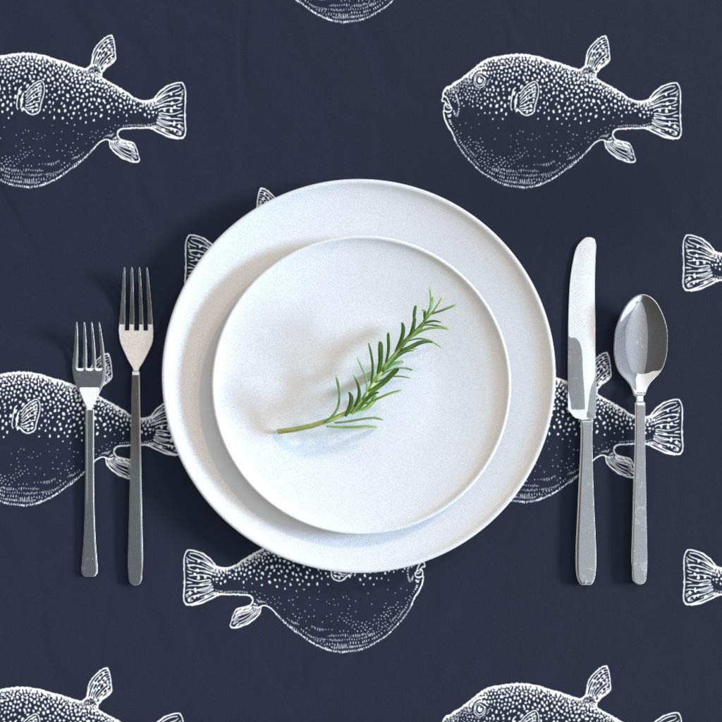 Premium Cotton Sateen Tablecloth 70x90 Inches - White & Navy Blue Blowfish Pufferfish Ocean Theme Print for Beach Party, Boys Nursery Decor, and Dining Table Linens