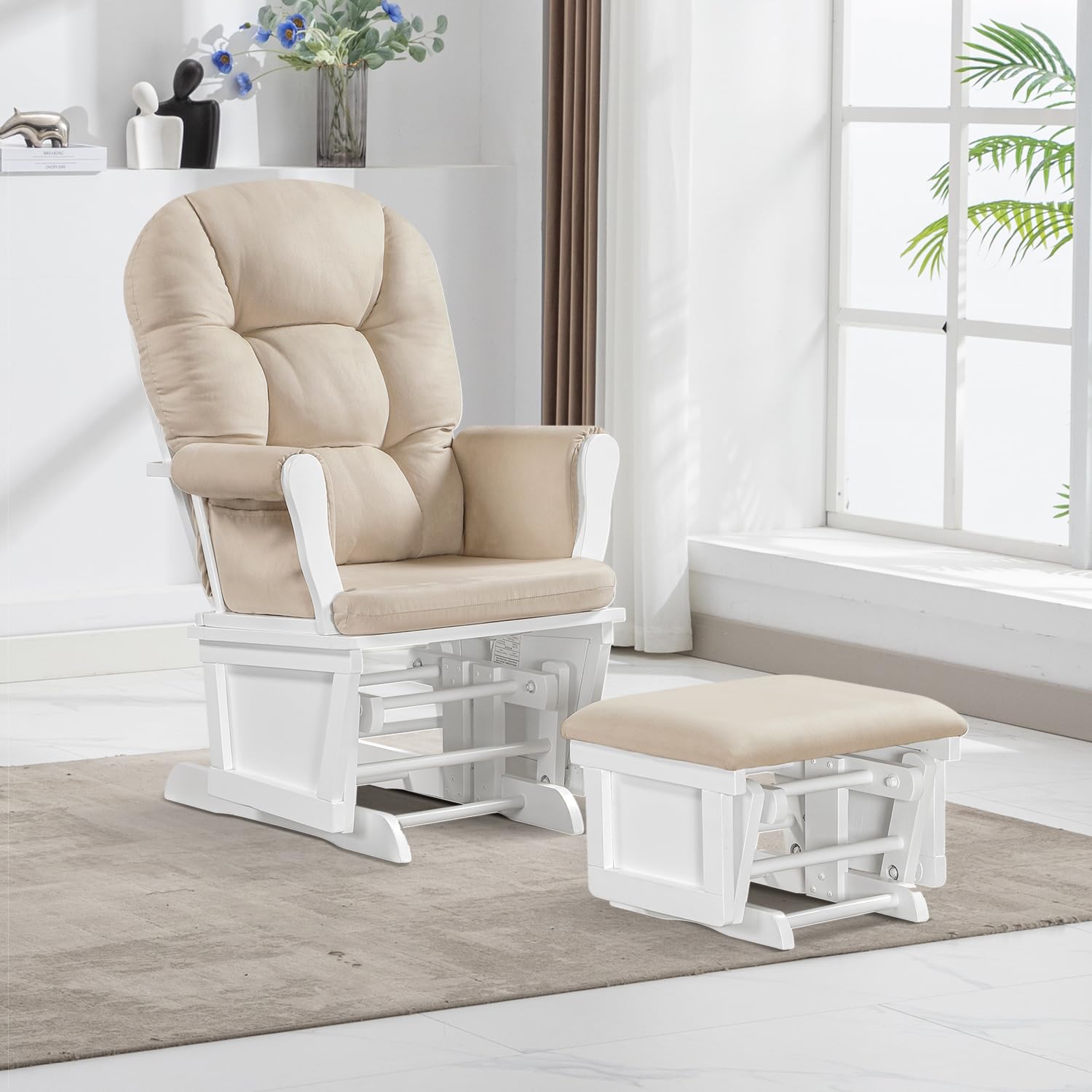 Lennox Furniture Glider Rocker Combo - White & Beige Upholstered Nursery Rocking Chair with Smooth Gliding Motion for Baby Nursery, Living Room, or Bedroom