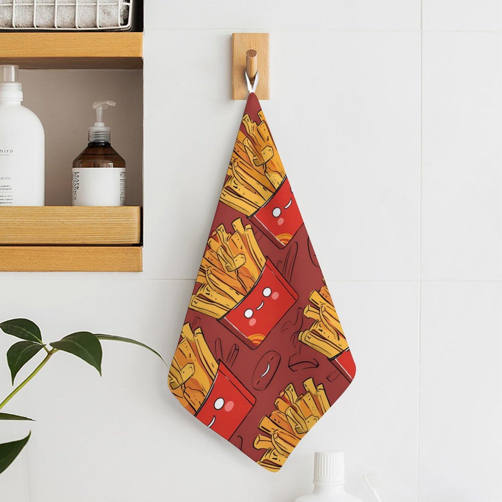 Premium French Fries Potato Chips Pattern Hand Towel - Soft Washcloth & Bath Towel with Hanging Loop - Perfect for Travel, Home & Bathroom (1PC) - Great for Kitchen Decor, Gag Gifts & Unique Bath Accessories