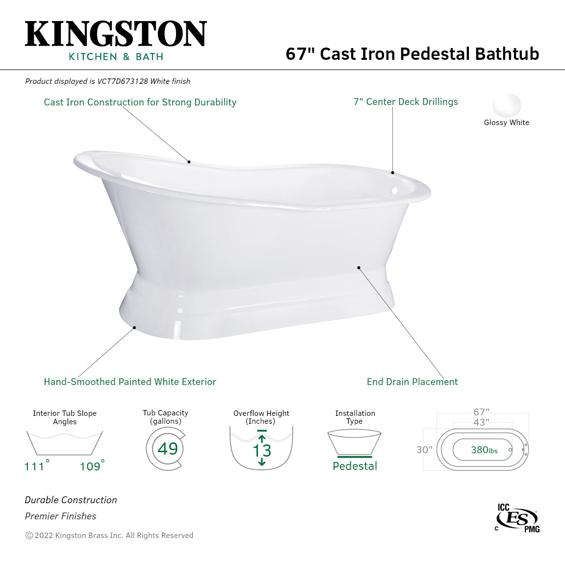 Aqua Eden 67 Inch White Cast Iron Oval Single Slipper Pedestal Bathtub with 7 Inch Faucet Drillings - Vintage Freestanding Soaking Tub for Luxury Bathroom & Spa Relaxation