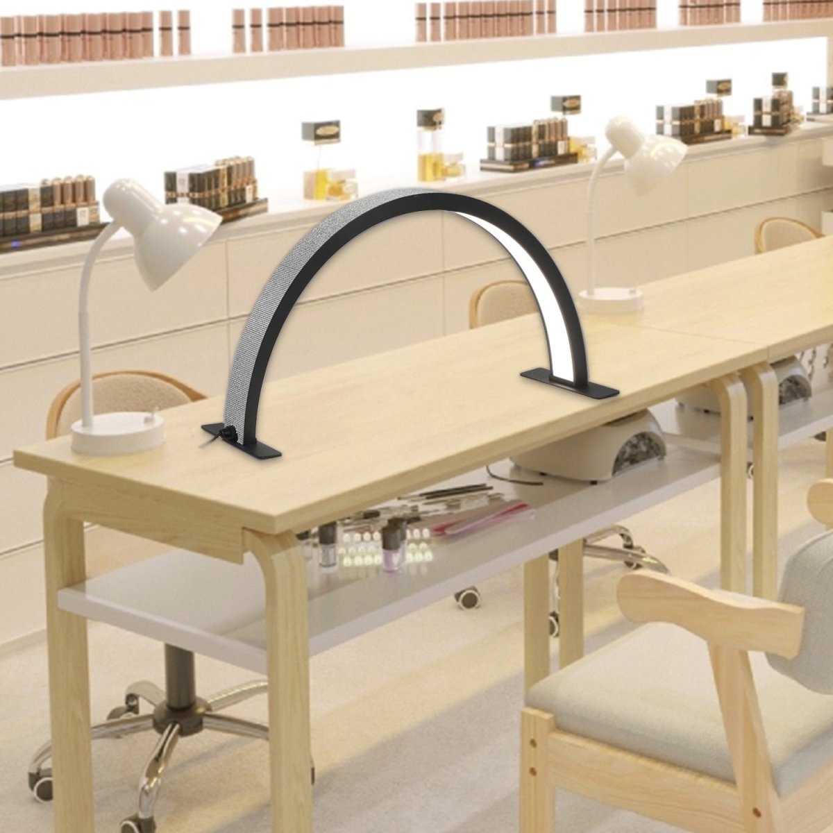 28 Inch Half Moon LED Adjustable Beauty Salon Lamp - Perfect for Makeup, Skincare & Nail Services in Salons & Spas