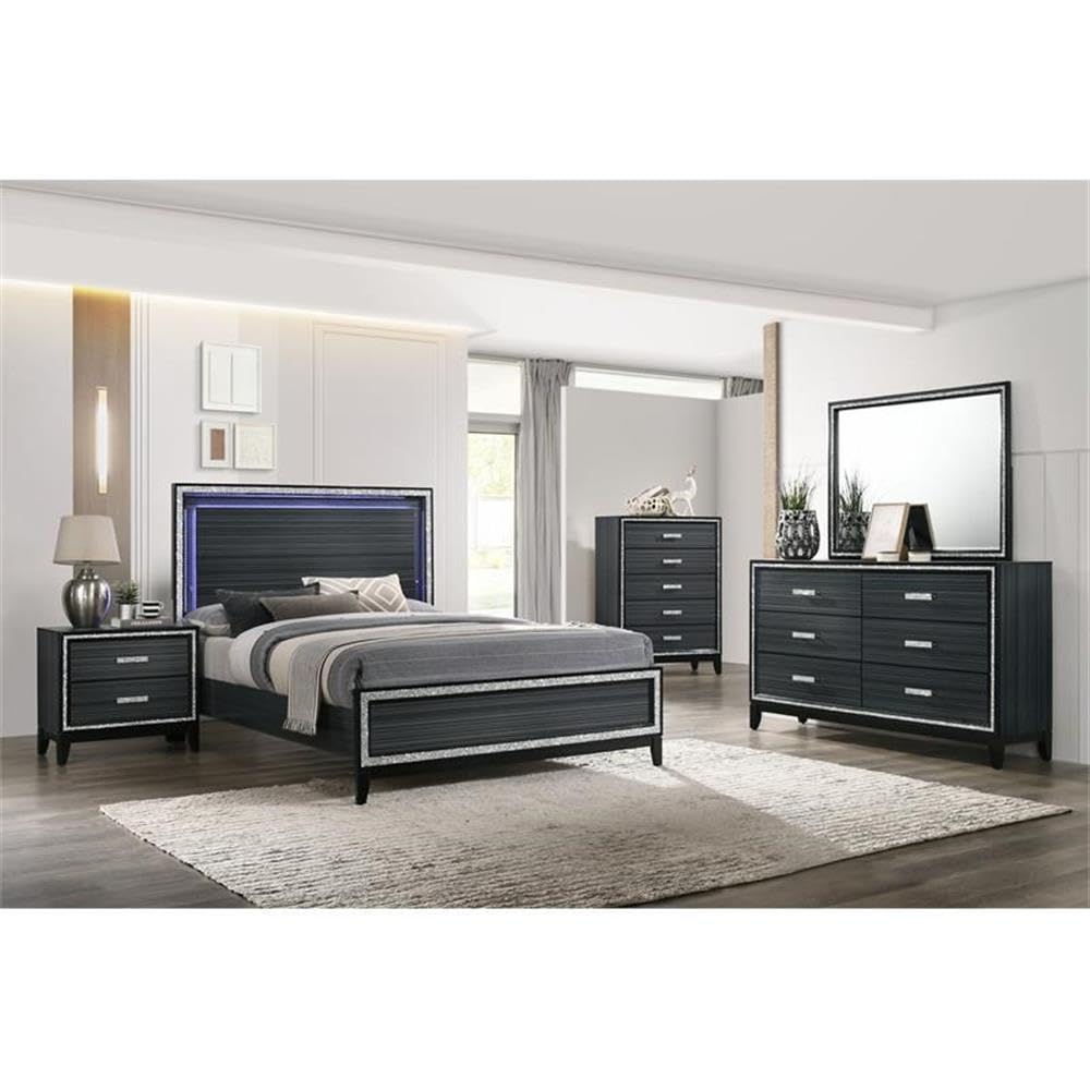Acme Haiden Wooden 2-Drawer Nightstand with Silver Trim in Weathered Black - Modern Bedside Table for Bedroom, Living Room & Guest Room