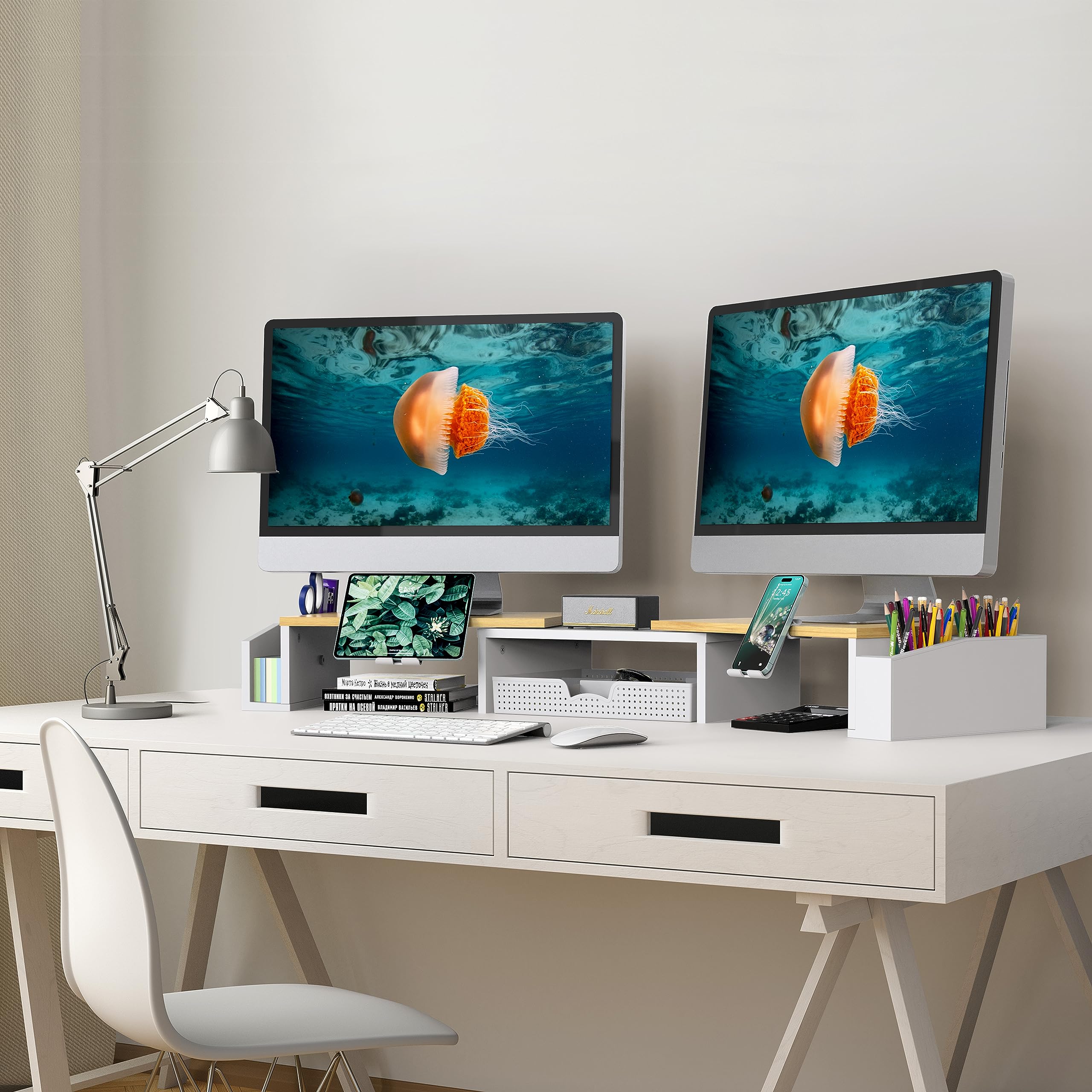 Dual Monitor Stand Riser with Storage Drawer - Solid Oak Wood Desktop Organizer for Home Office, Gaming Setup & Workspace