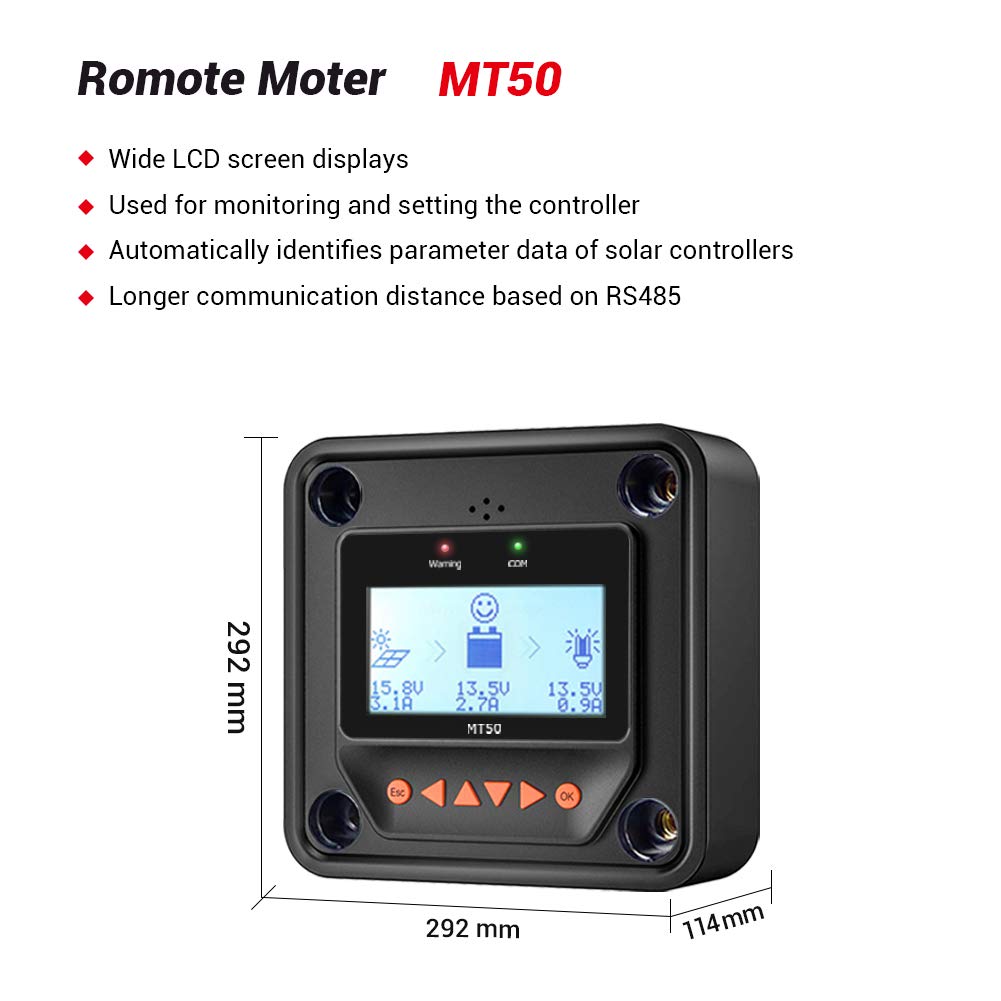 EPEVER 60A MPPT Solar Charge Controller 12V/24V/36V/48V Auto, Max 150V PV Input, Negative Ground, with MT50 Remote Meter, RTS Temperature Sensor & RS485 PC Cable – Ideal for Off-Grid Solar Systems, RVs, Boats, and Home Energy Storage