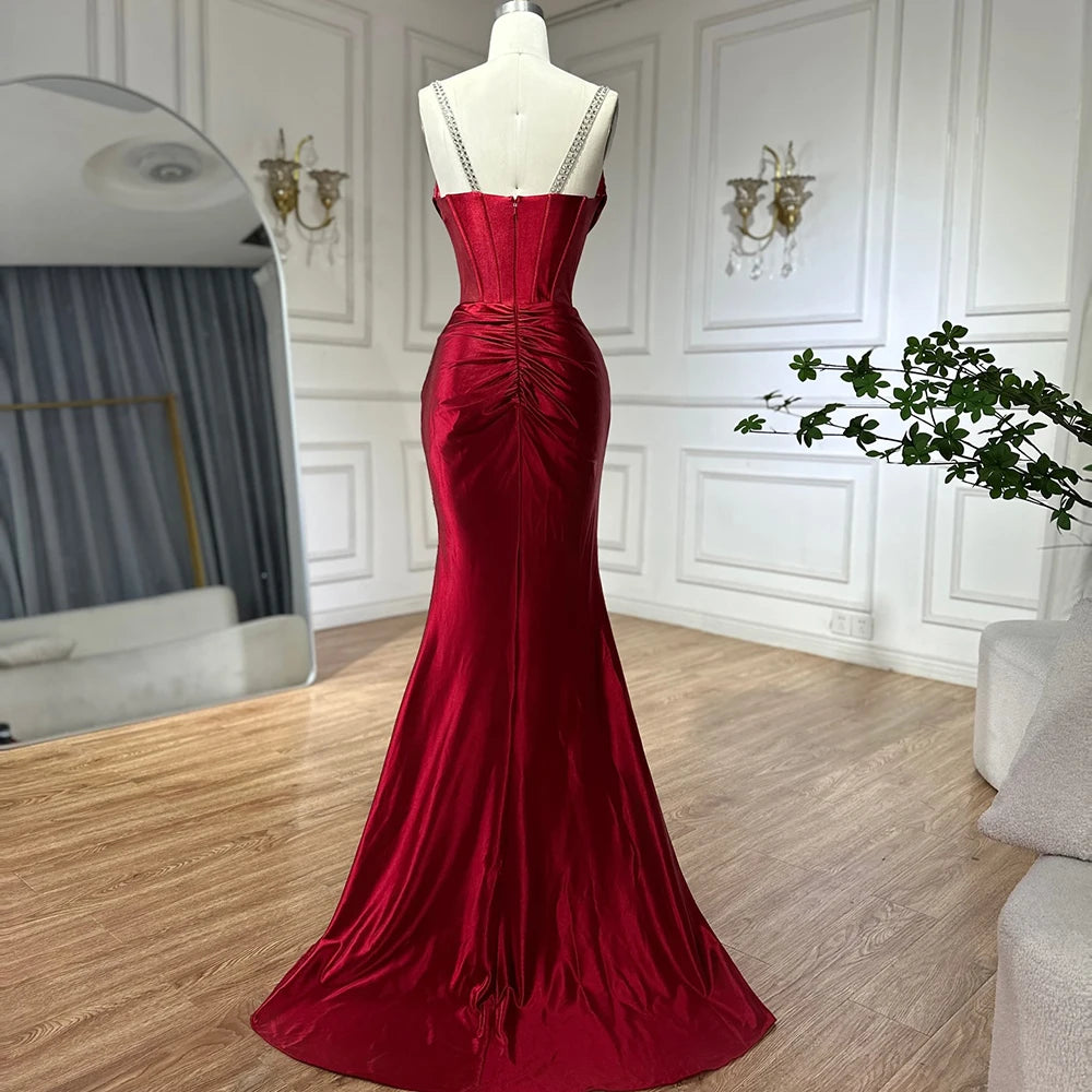 Elegant Dubai Saudi Arabic Wine Red Satin Evening Dress with Spaghetti Straps & High Slit - Formal Gown for Prom, Wedding & Special Occasions - LA72776