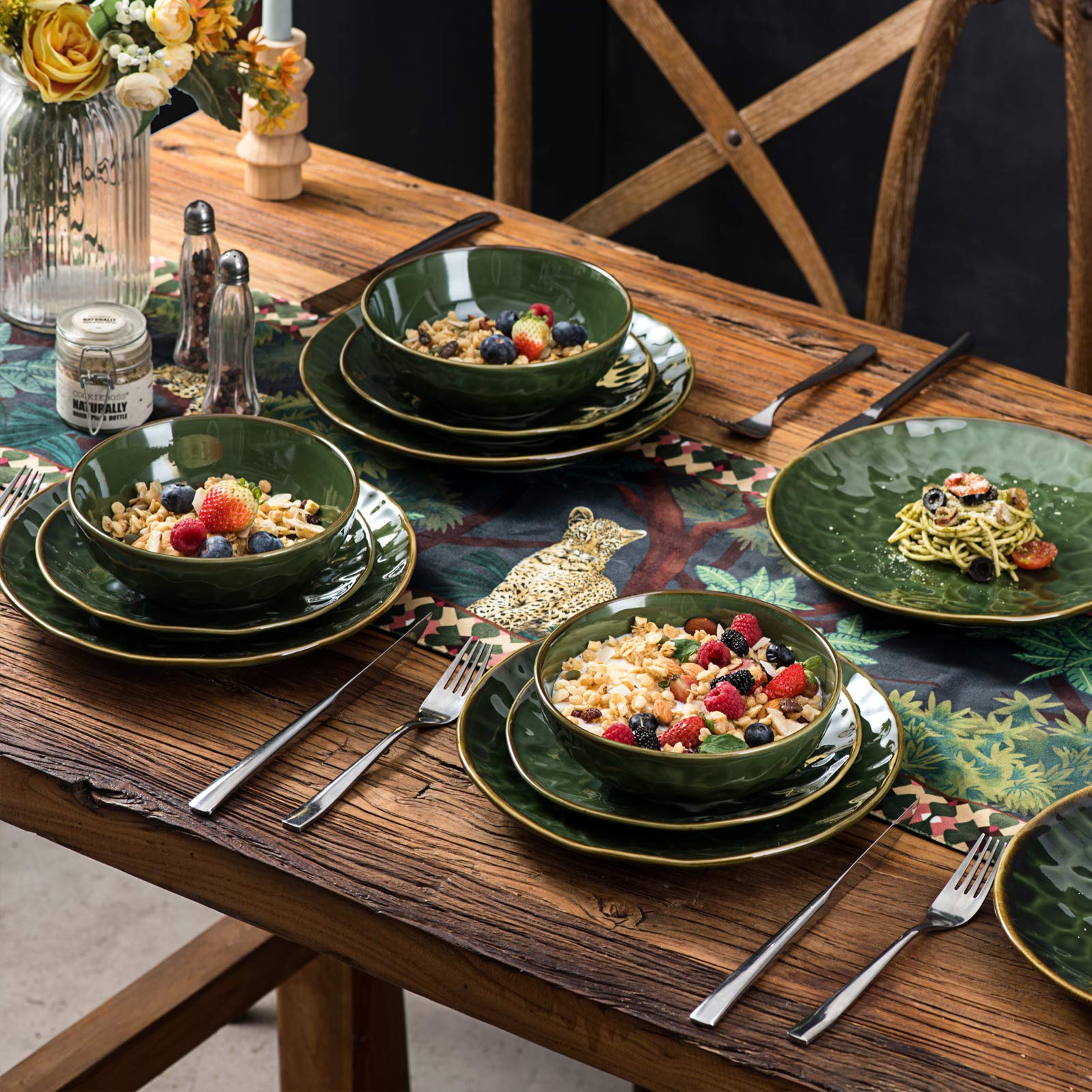 6-Pack 8 Inch Ceramic Round Dessert Salad Plates - Microwave, Oven & Dishwasher Safe Scratch-Resistant Porcelain Fluted Platters - Perfect for Snacks, Appetizers, Home Dining & Party Serving (Green) - Ideal for Holiday Gatherings, Afternoon Tea & Wedding Receptions