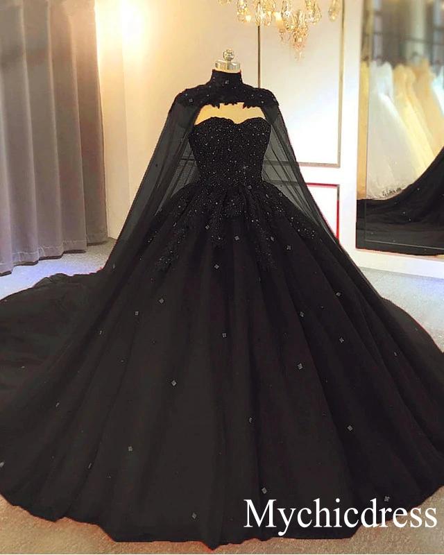 Elegant Gothic Black Wedding Dress with Crystal Appliques & Detachable Cape - Ball Gown for 2025 Brides | Perfect for Gothic Weddings, Vampire-Themed Parties & Formal Evening Events