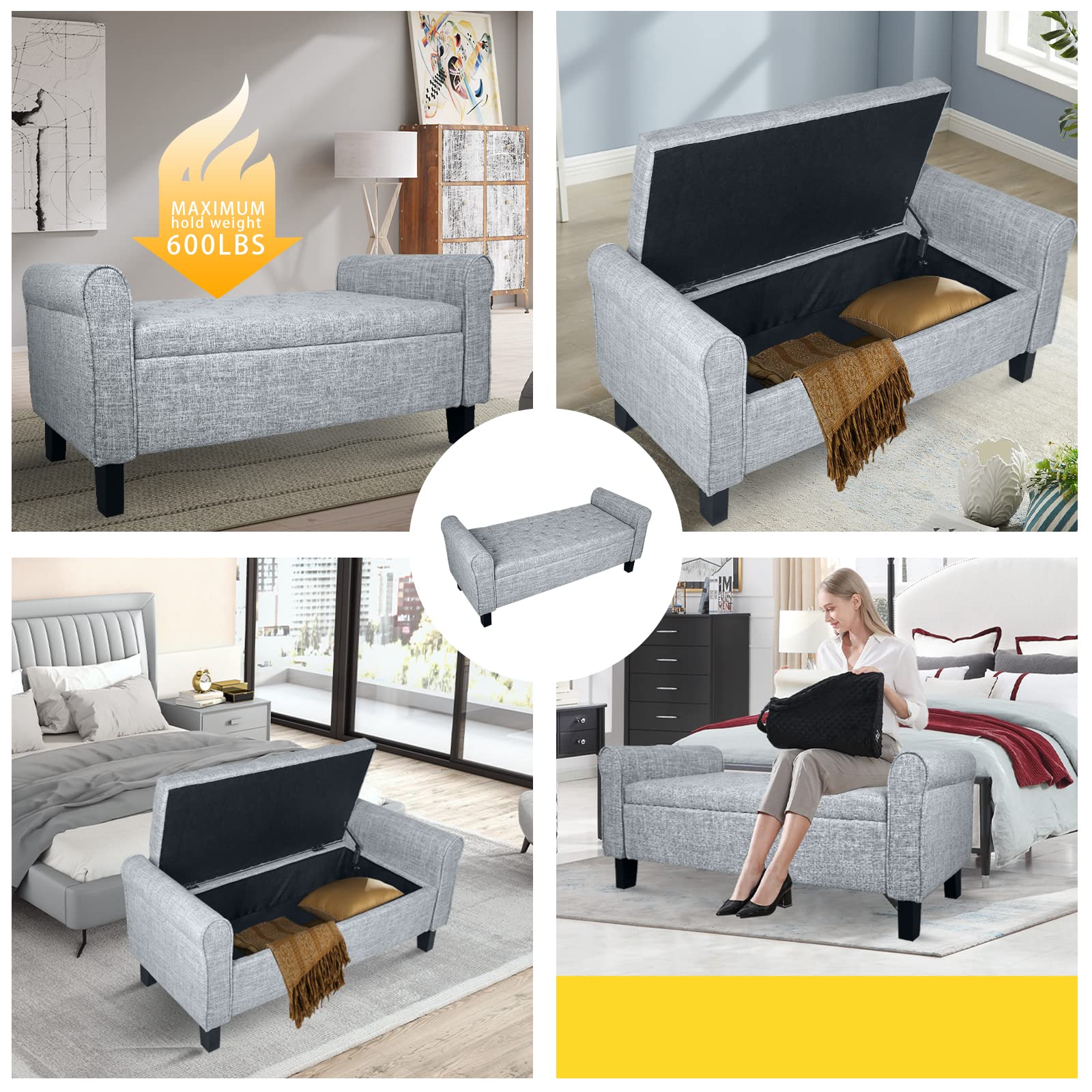 Dark Grey Storage Ottoman Bench with Arms - Button Tufted Footrest & Large Storage Seat for Bedroom, Living Room, Entryway, Hallway - Perfect as End of Bed Bench, Living Room Storage & Cozy Footrest