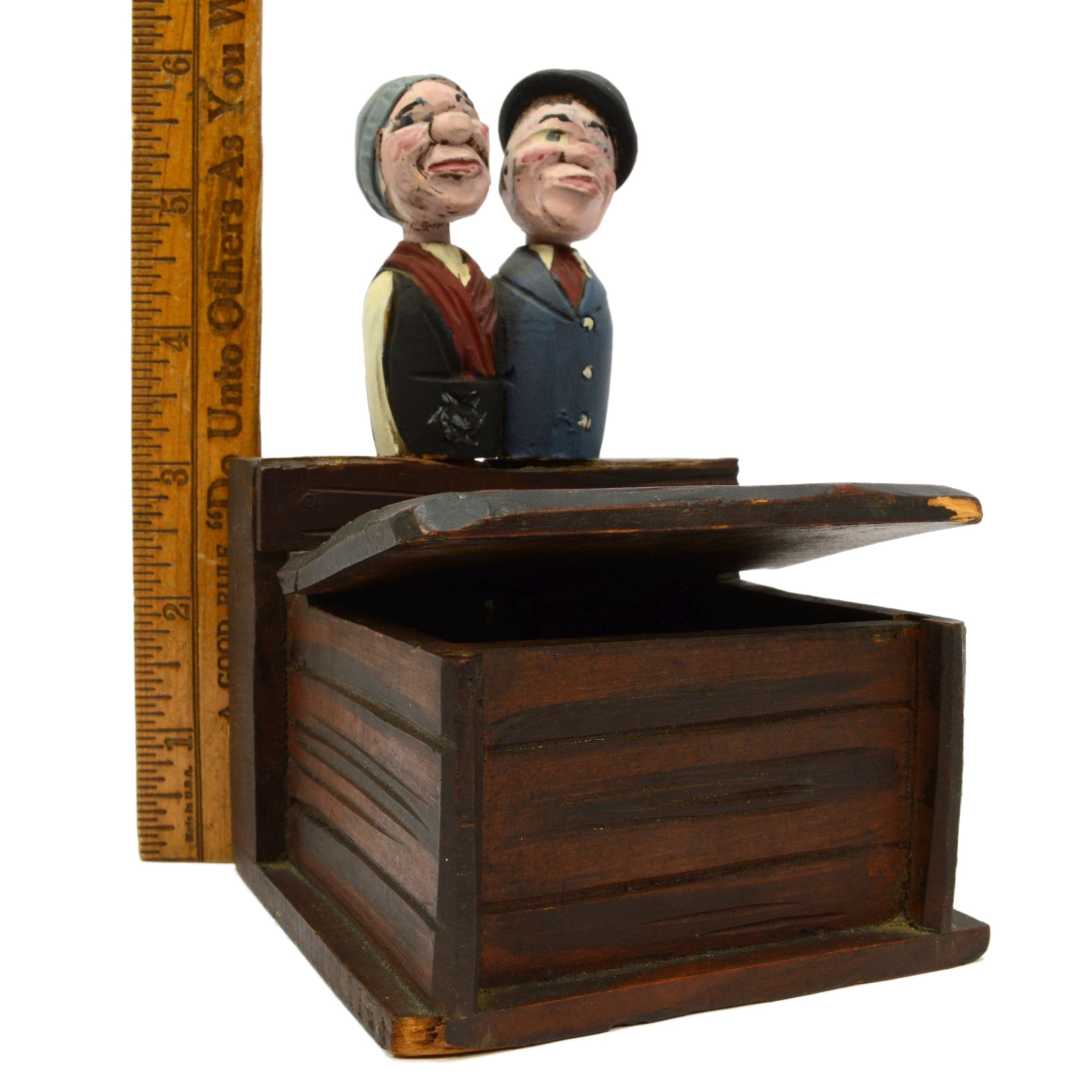 Antique 19th Century Folk Art Trinket Box with Mechanical Lid & Neck Action - Handcrafted Figural Man/Woman Jewelry Storage for Vintage Collectors & Home Decor