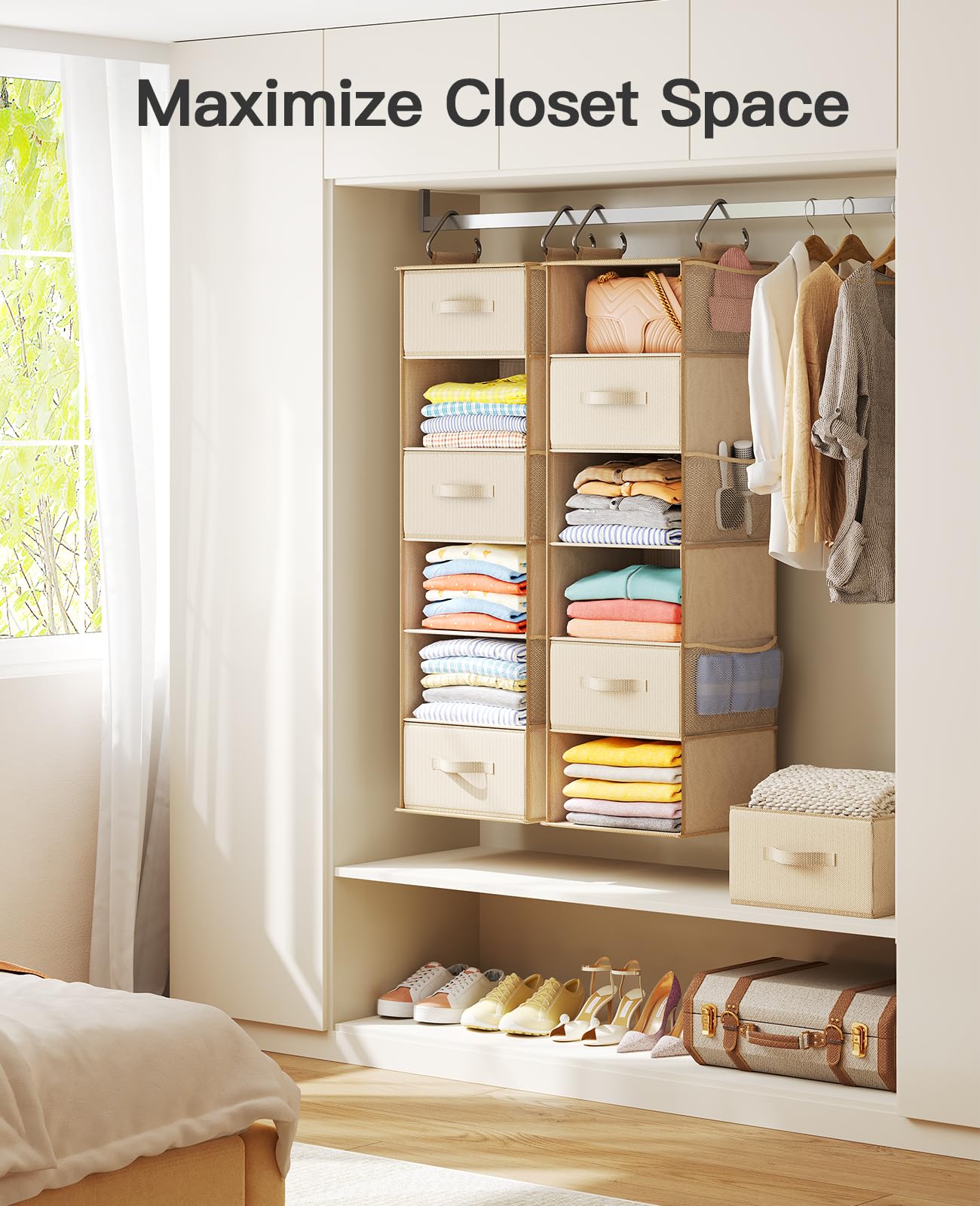 Pipishell 6-Shelf Hanging Closet Organizer with 3 Removable Drawers & Side Pockets - Space Saving Storage for Clothes, Shoes & Accessories - Perfect for Bedroom, Closet or Garment Rack (12