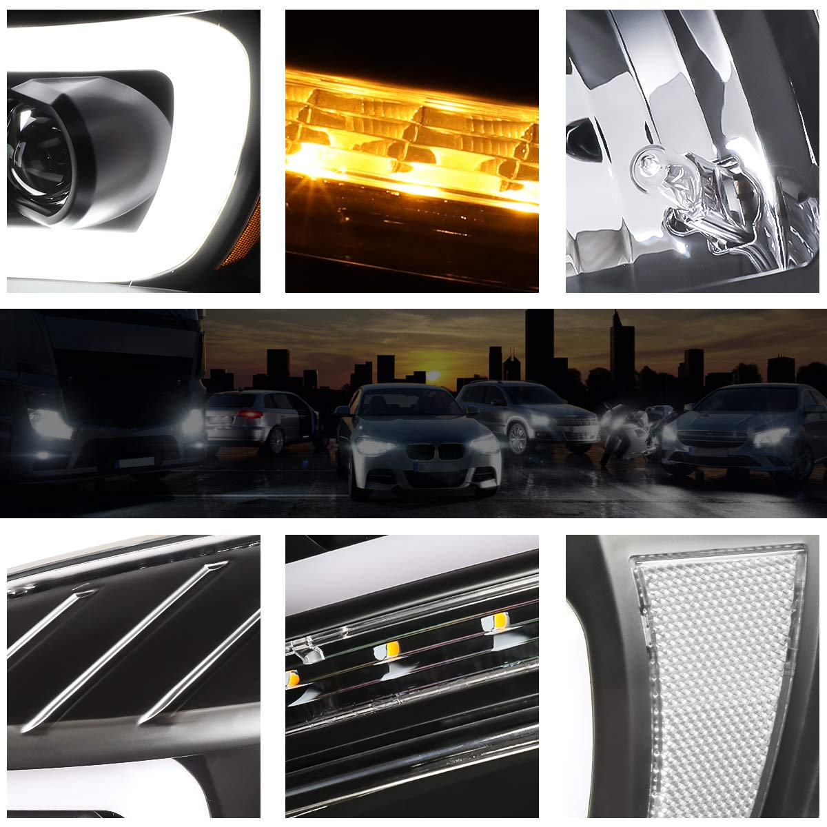 PM PERFORMOTOR C-Bar LED DRL Sequential Turn Signal Projector Headlights Assembly - Compatible with 2006-2009 Dodge Ram 1500/2500/3500 (Black Housing, Clear Lens) - Upgrade for Better Visibility & Style at Night Driving