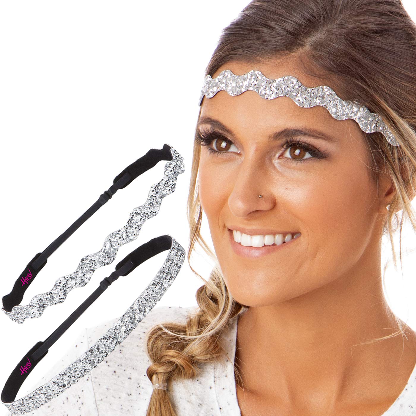 Sparkly Bling Adjustable No-Slip Headbands for Women, Girls & Teens - 2 Pack Mixed Silver Glitter - Perfect for Sports, Workouts, School & Everyday Fashion
