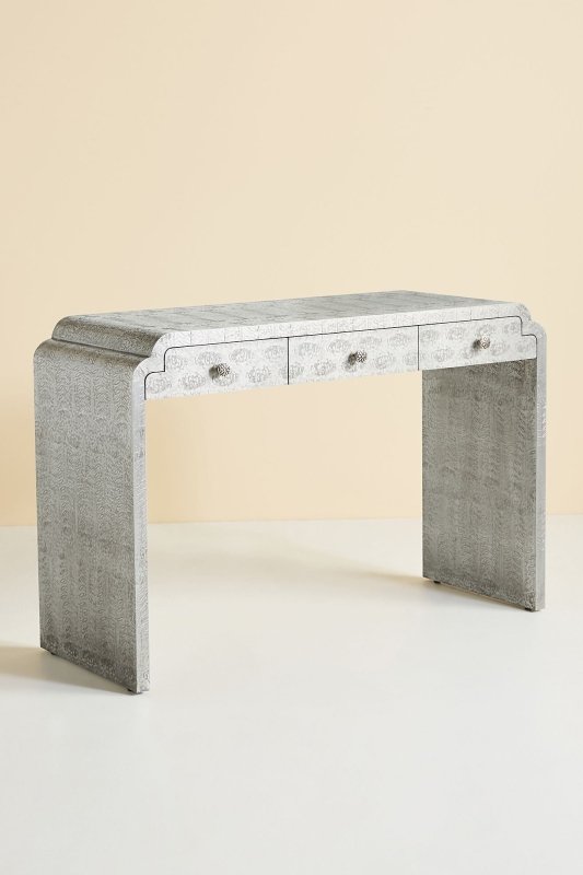 Hand Embossed Lotus Console Table with Storage - Elegant Entryway Table for Hallway, Living Room & Foyer Decor | Solid Wood Sofa Table with Drawers & Shelf