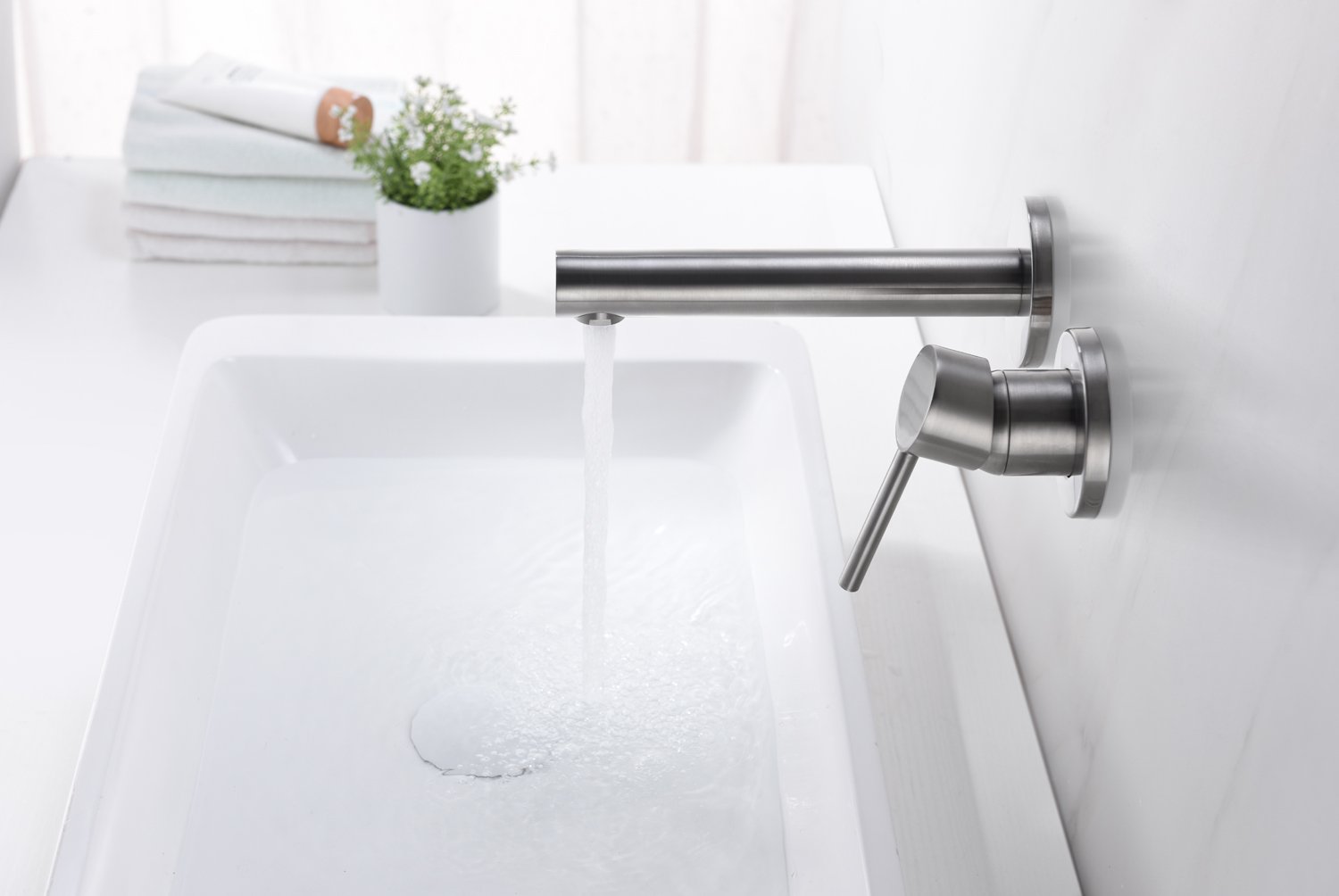 Sumerain Brushed Nickel Wall Mount Bathroom Faucet with Valve - Perfect for Modern Bathroom, Powder Room & Vanity Sink Installation