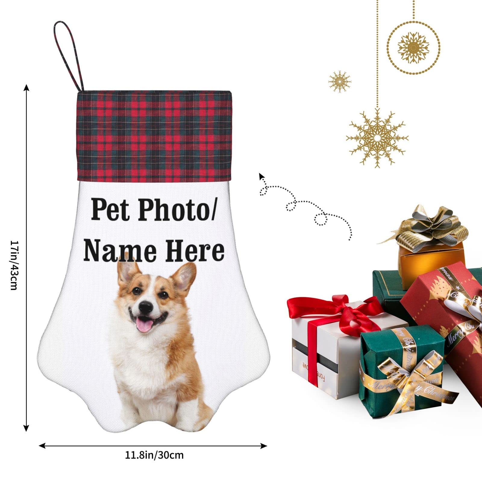**Personalized Christmas Stocking for Dogs & Cats - Custom Paw Shaped Stocking with Pet Name & Photo - Holiday Decor Gift for Pet Lovers (Perfect for Fireplace, Tree, or Wall Decor)**
