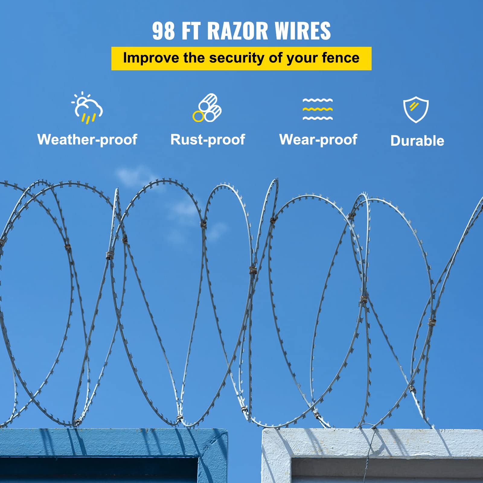 VEVOR 98ft Galvanized Steel Razor Wire Fence - 2 Coils (49ft Each) for Garden Security & Property Protection | Heavy Duty Razor Barbed Wire for Fencing, Perimeter Defense & Intrusion Prevention