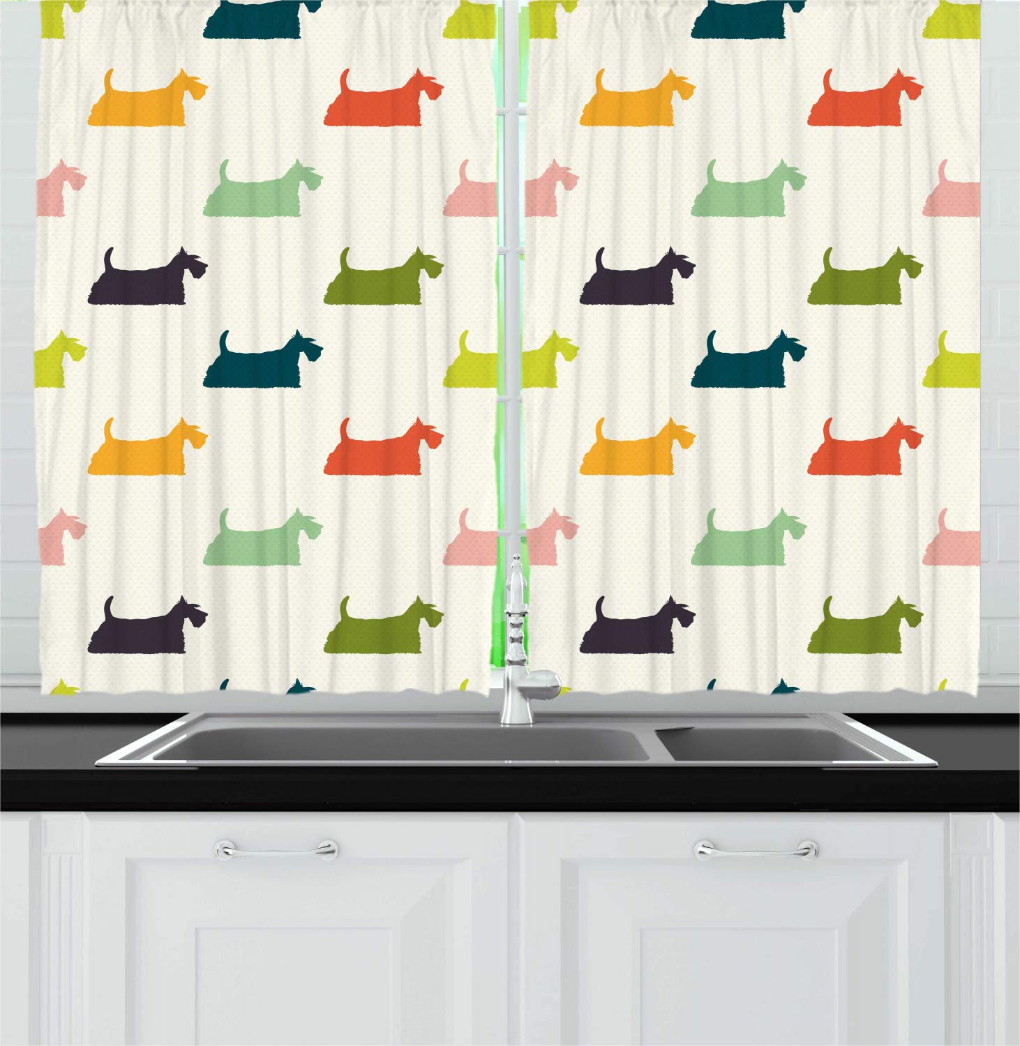 Ambesonne Scottie Dog Kitchen Curtains - Stencil Style Fluffy Dog Design with Colorful Fur, 2 Panel Window Drapes for Kitchen & Cafe Decor, 55 x 39 Inches, Multicolor - Perfect for Pet Lovers' Homes, Coffee Shops & Cozy Spaces