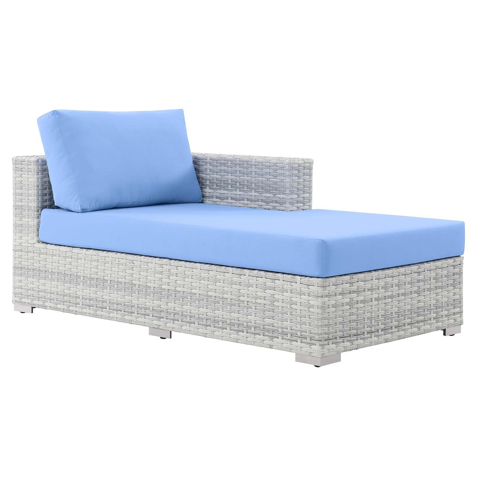Modern Grey Rattan Wicker Lounge Chair Chaise with Light Blue Accents for Outdoor Patio, Balcony, Cafe, Bistro, and Poolside Relaxation