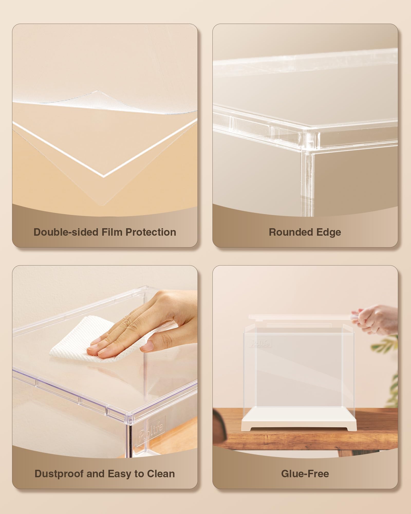Rolife Clear Acrylic Display Case for Collectibles - Easy Assembly Dust Proof Showcase with Wooden Base | Stackable Storage Box for Action Figures, Funko Pops, LEGO Sets | Perfect for Home Decor, Office Display & Collection Protection