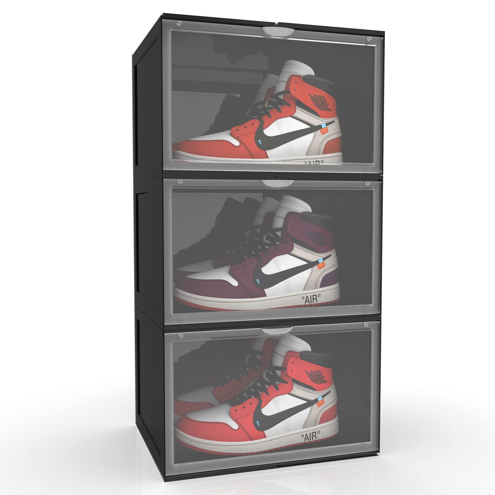 Reitu 3 Pack Clear Plastic Stackable Shoe Storage Boxes - Front Opening Drawer Organizer Bins for Closet, Underbed & Entryway (Deep Black) | Space Saving Shoe Containers for Men & Women