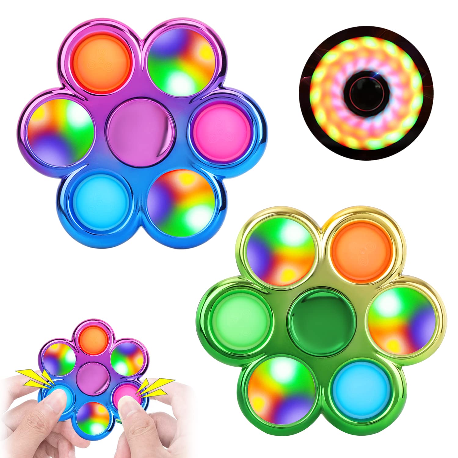 FIGROL 2 Pack LED Light Up Bubble Pop Fidget Spinner Toy - Sensory Stress Relief & Anxiety Reducer for Kids & Adults - Fun Party Favors, Classroom Rewards & ADHD Focus Tools - Cool Light Up Finger Spinner for Relaxation