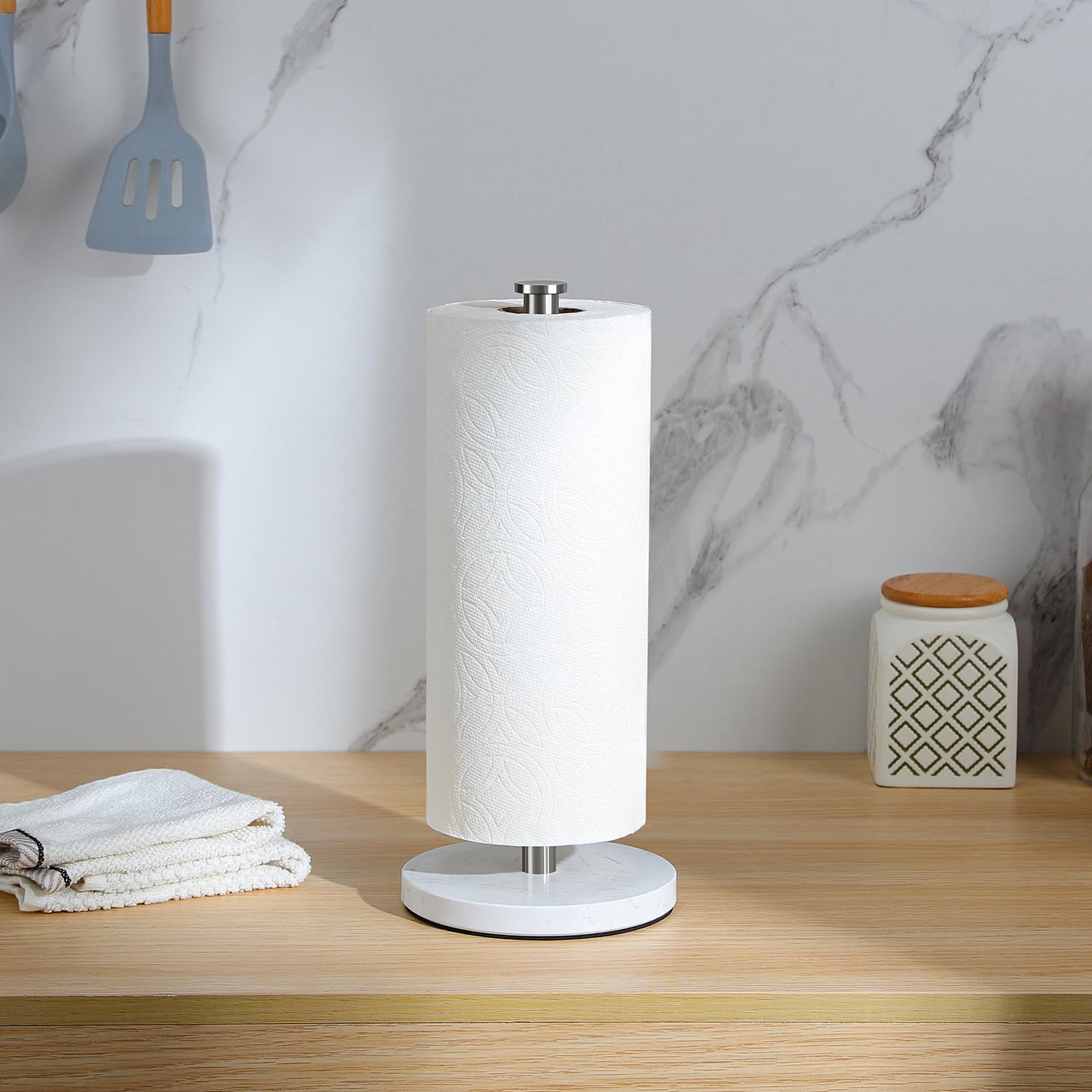 YIGII Silver Countertop Paper Towel Holder with Heavy Marble Base - One-Handed Tear Kitchen Roll Stand for Standard Paper Towels | Perfect for Kitchen Countertops, Office Break Rooms & Bathroom Storage