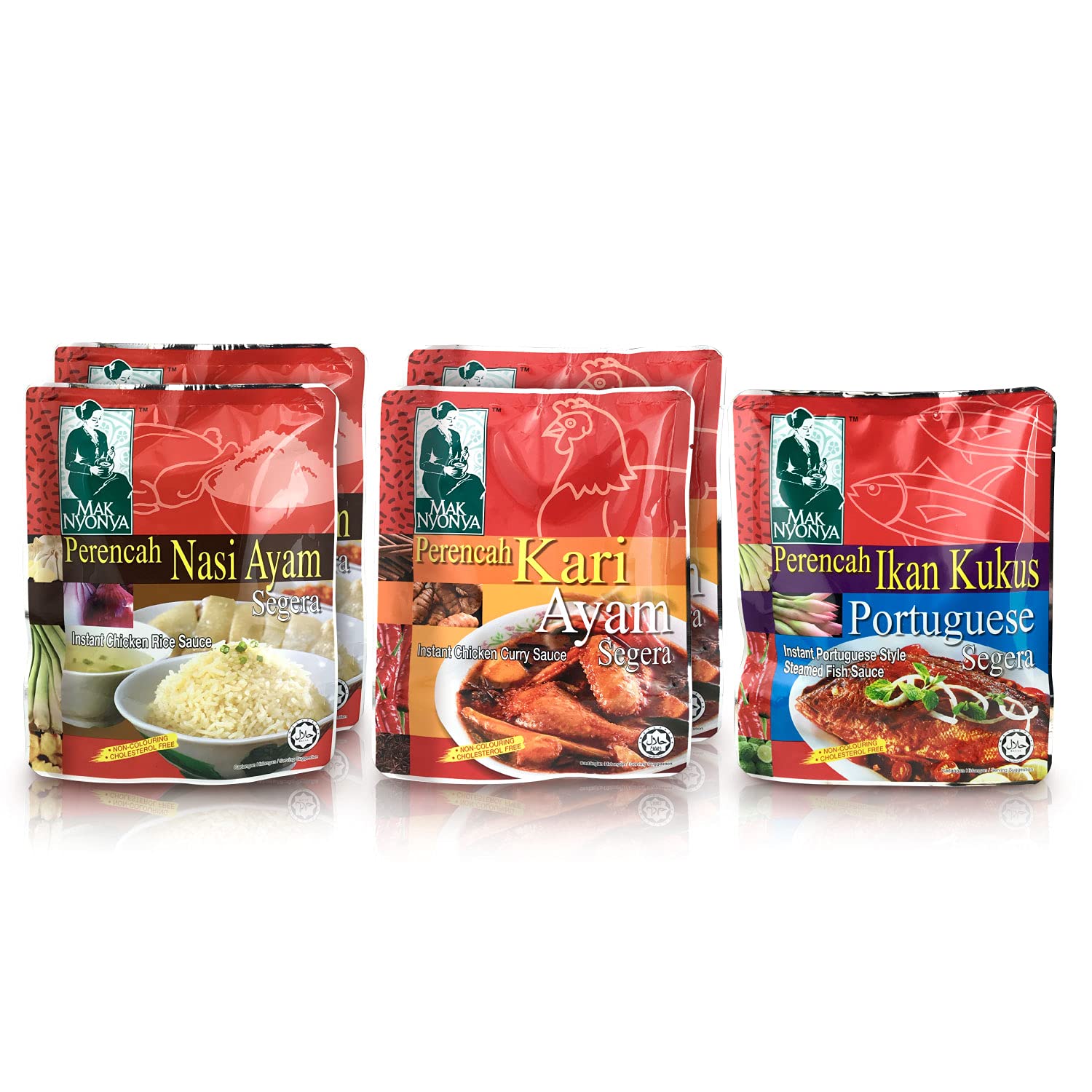 Authentic Mak Nyonya Instant Chicken Rice Sauce X2, Chicken Curry Sauce X2, Portuguese Style Steamed Fish Sauce X1 | Premium Asian Spices & Hot Sauces | Stir Fry & Cooking Sauces | Delicious Asian Food | 7oz Each | Perfect for Home Cooking, Meal Prep & Asian Cuisine Lovers