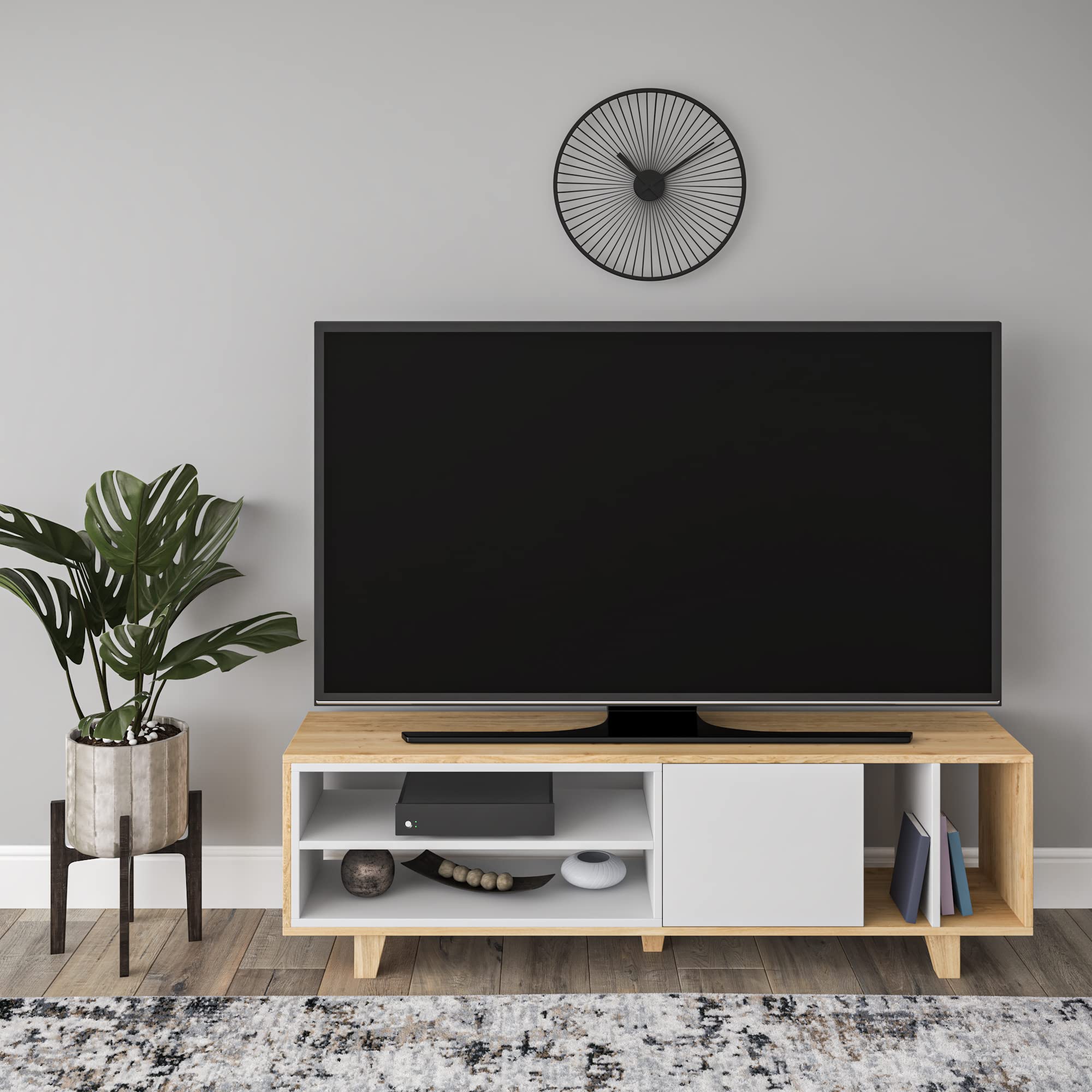 Modern Oak & White TV Stand with Storage - 18.5