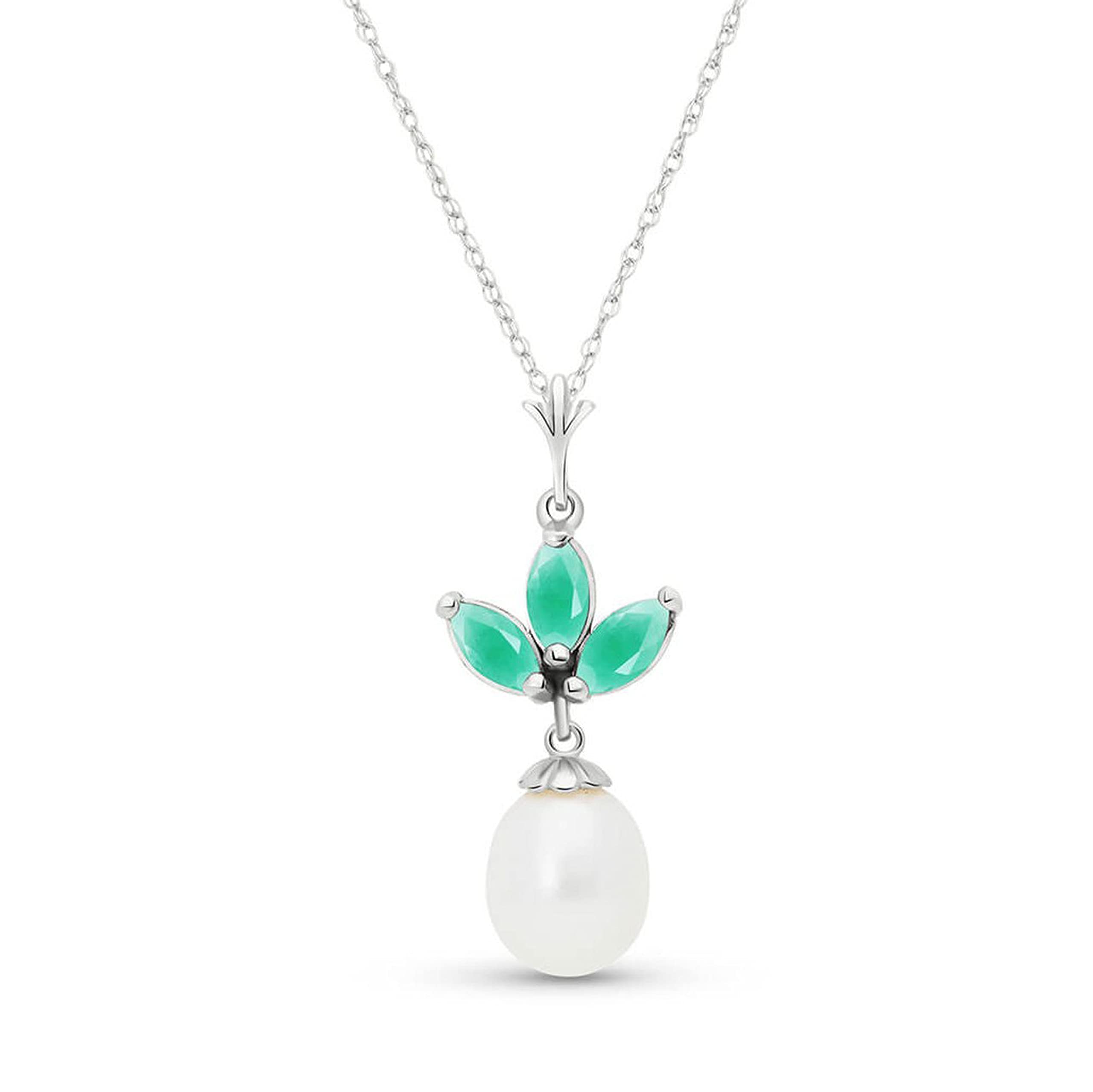 14k Solid White Gold Necklace with 4.75 CTW Galaxy Gold GG, Freshwater Cultured Pearls & Natural Emeralds - Perfect for Weddings, Anniversaries & Special Occasions