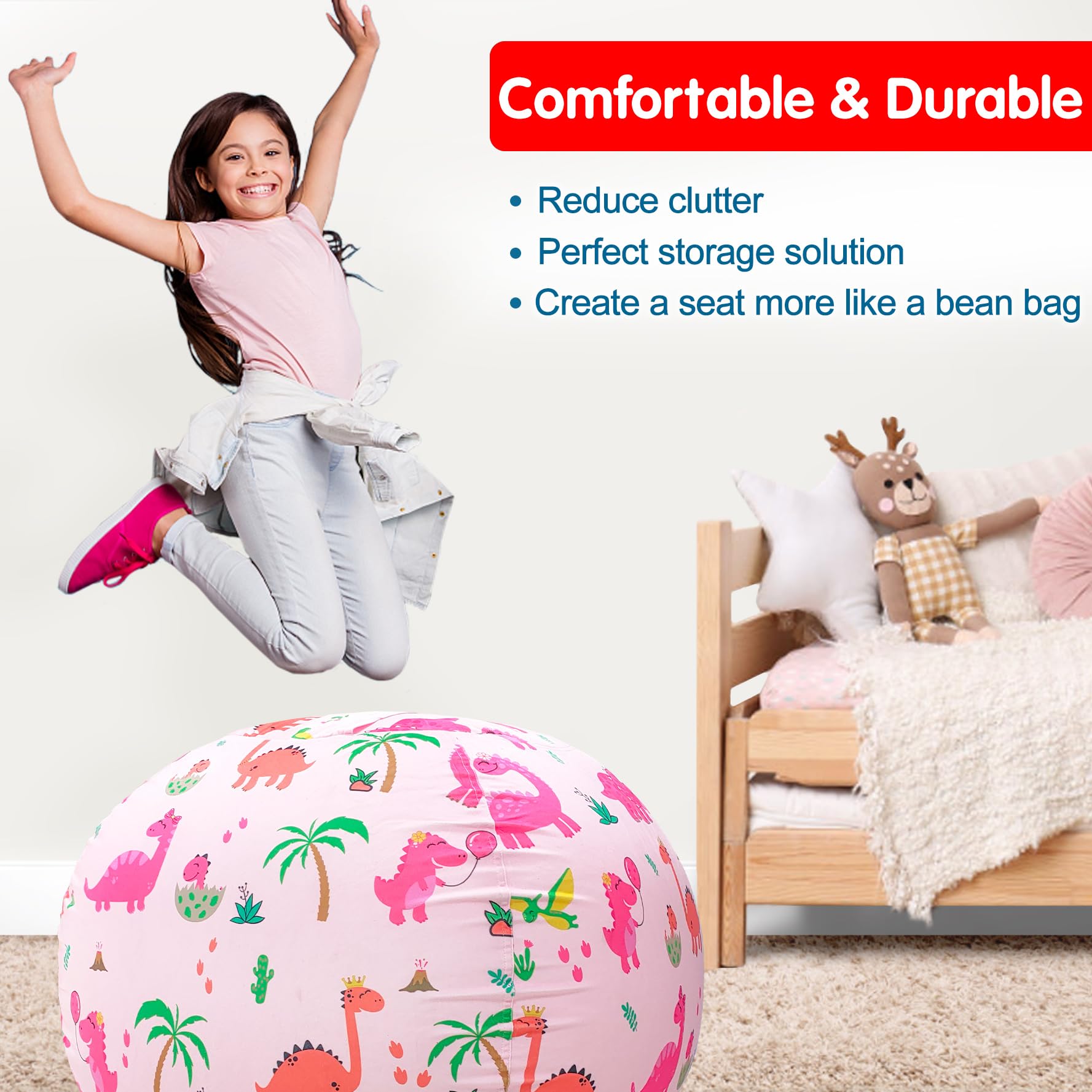 Lukeight Dinosaur Stuffed Animal Storage Bean Bag Chair Cover - Large Plush Toy Organizer for Kids' Rooms, Toddler Playroom Decor (Dinosaur Blush) - Perfect for Playtime, Reading Nook & Bedroom Storage Solution