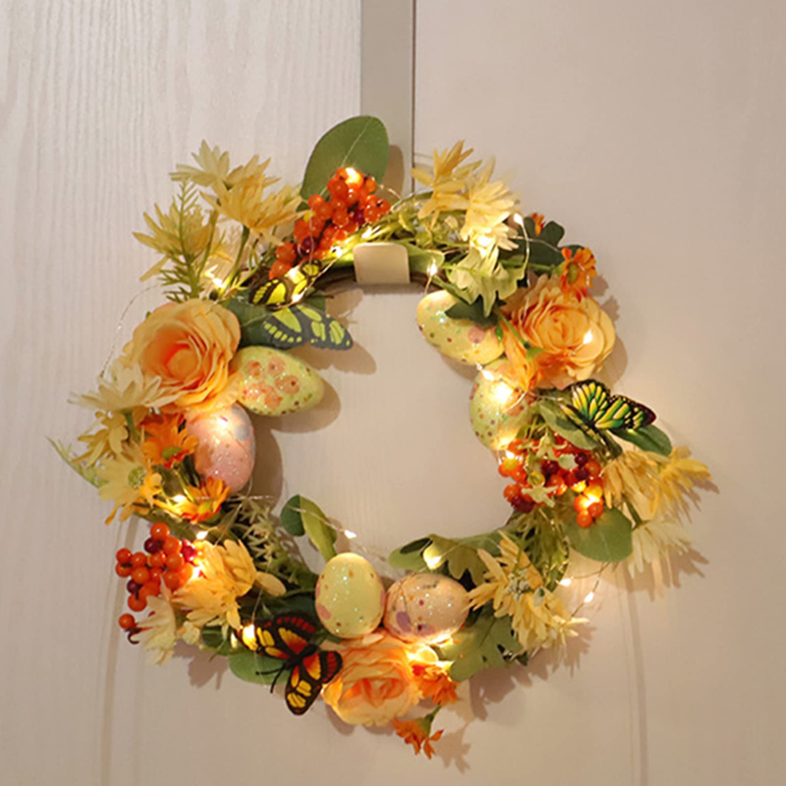 Easter Rattan Wreath with Daisy Flowers & Artificial Eggs - 12