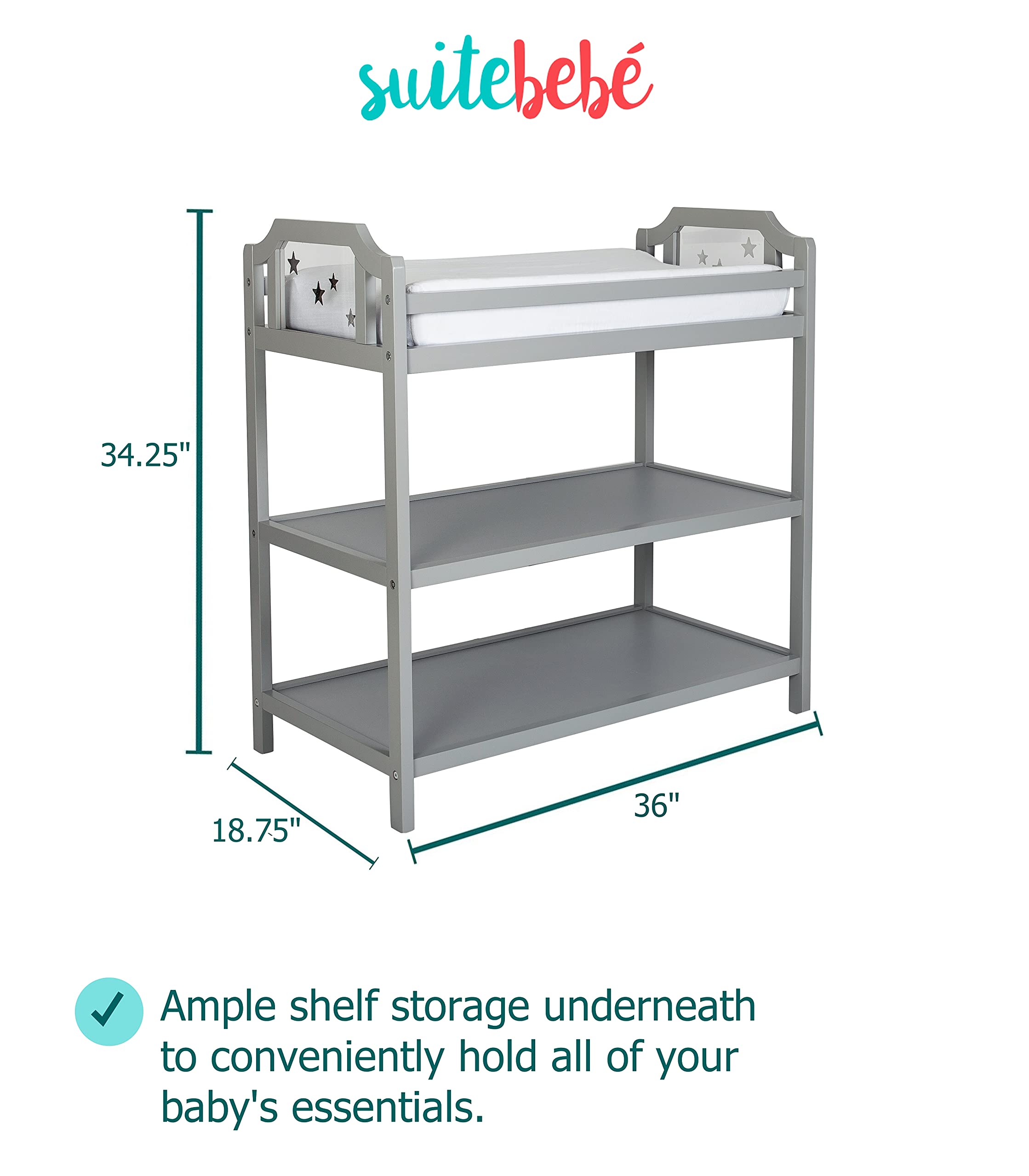 Celeste Baby Changing Table with Safety Rail - Light Grey | Nursery Essential for Safe Diaper Changes & Baby Care