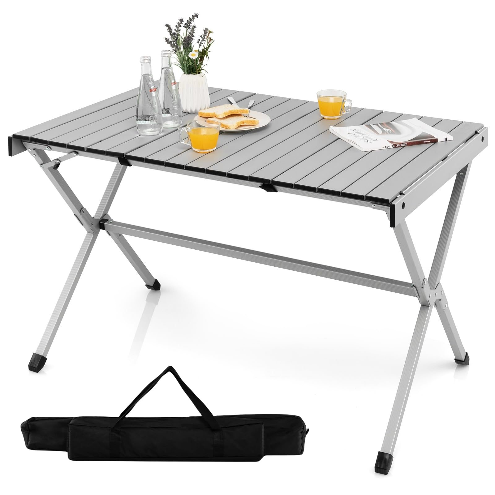 Giantex Folding Camping Table for 6-8 People, Portable Roll Up Picnic Table with Carry Bag - Lightweight Aluminum Outdoor Dining Table for BBQ, Grill, Travel, Beach, Backyard (110cm) - Perfect for Camping Trips, Tailgating & Outdoor Parties
