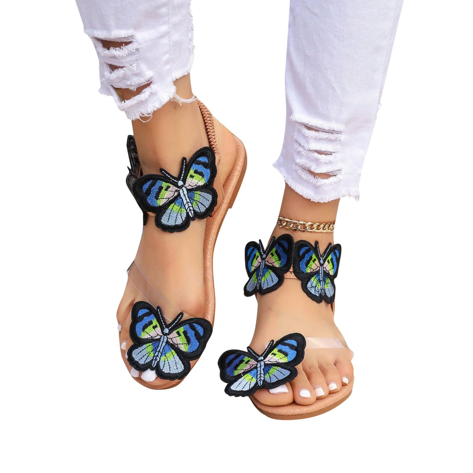 2024 Women's Oversized Flat Sandals with Butterfly Embroidery - Comfortable Beach Shoes for Summer, Walking, and Outdoor Activities
