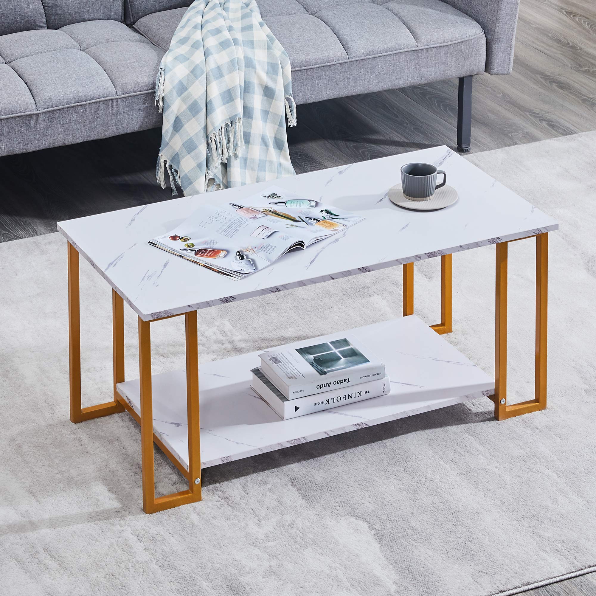 2-Tier Marble MDF Coffee Table with Black Metal Legs & White Top - Modern Rectangle Side Table for Living Room, Dining Area, Coffee Shop & Restaurant Decor (Gold Accent) | Perfect for Small Spaces, Lounge Areas & Contemporary Home Styling