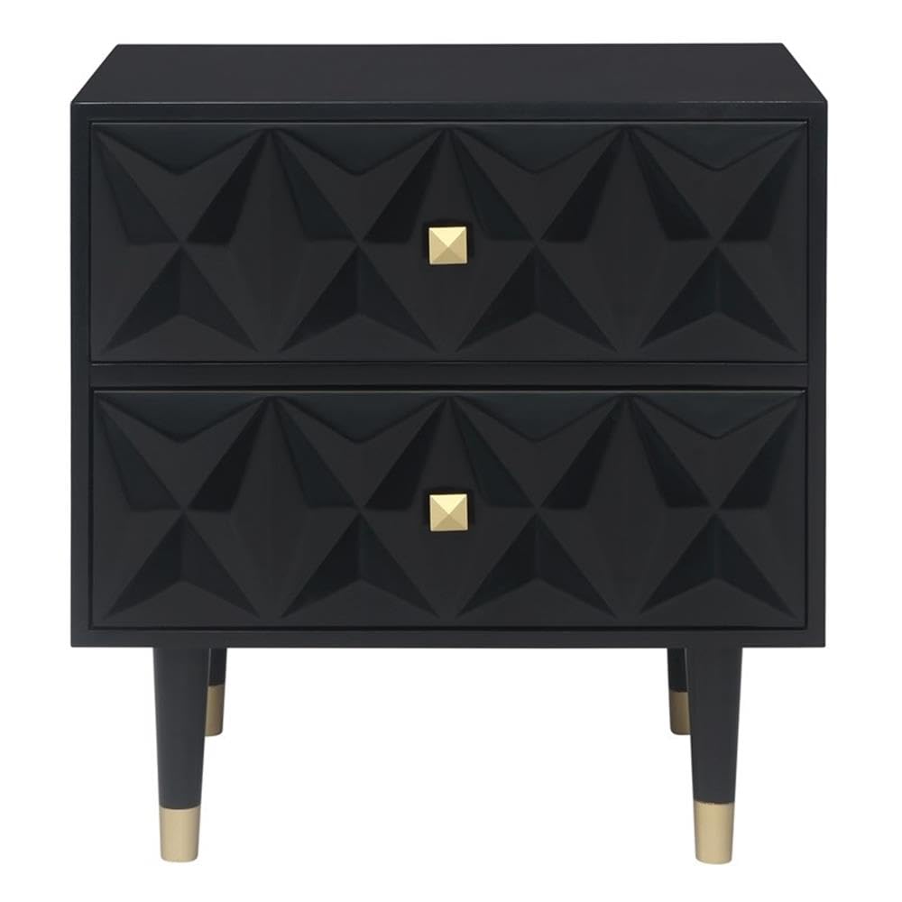 Modern Black Wooden Nightstand with Two Drawers and Geometric Texture - Perfect for Bedroom, Living Room, or Office Storage