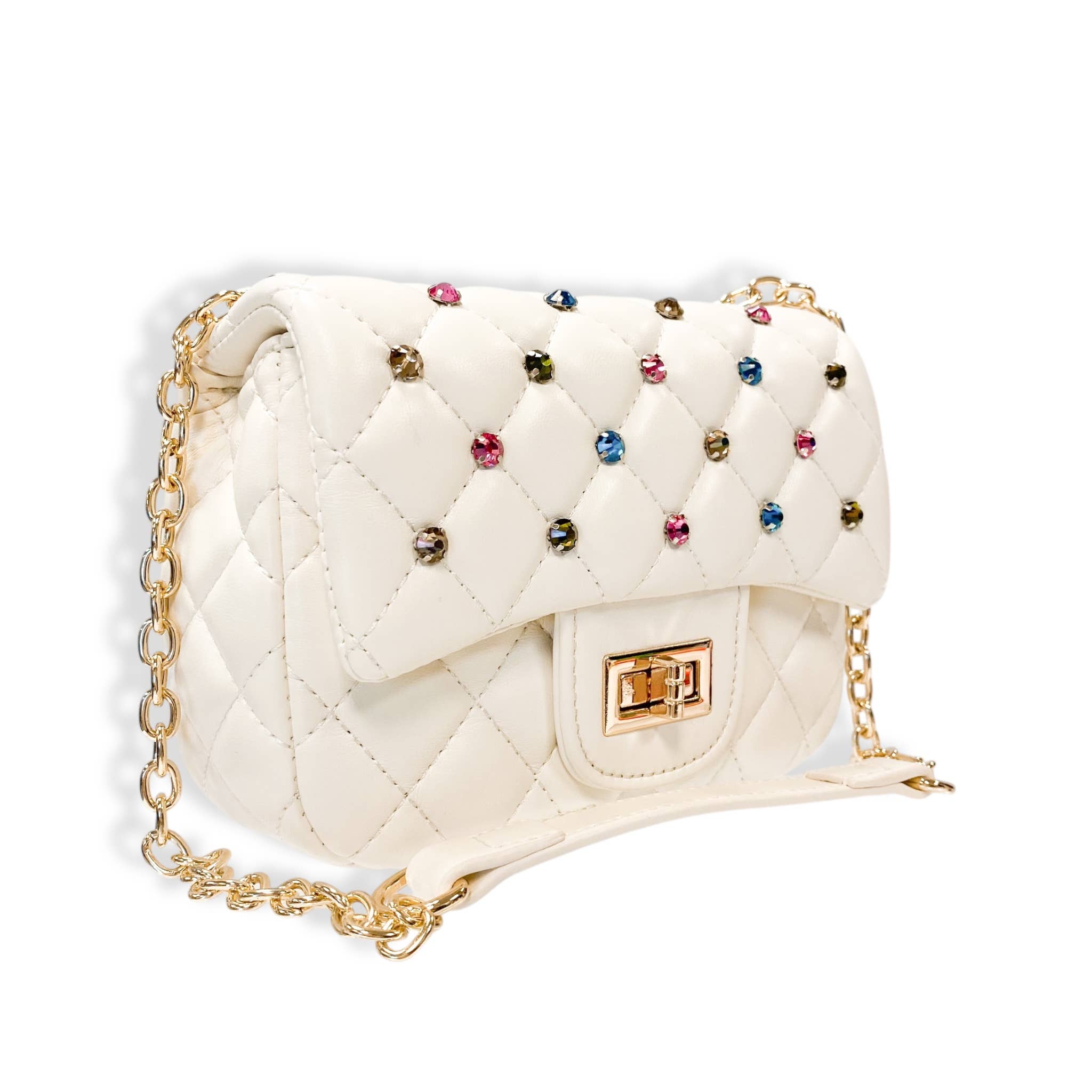 Stylish Colorful Gems Quilted Handbag in Cream - Elegant Women's Fashion Purse for Parties, Weddings & Daily Use