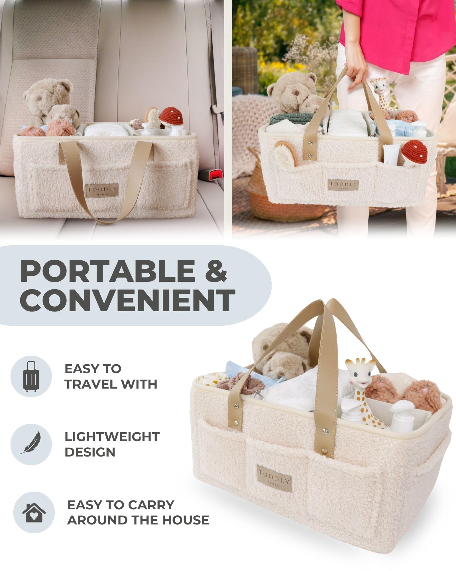 **Baby Diaper Caddy Organizer - Nursery Storage Basket with Handle, Beige Teddy Sherpa | Baby Shower Gift, Registry Must-Have & Newborn Essentials | Perfect for Diaper Changes, Baby Care & Nursery Organization**