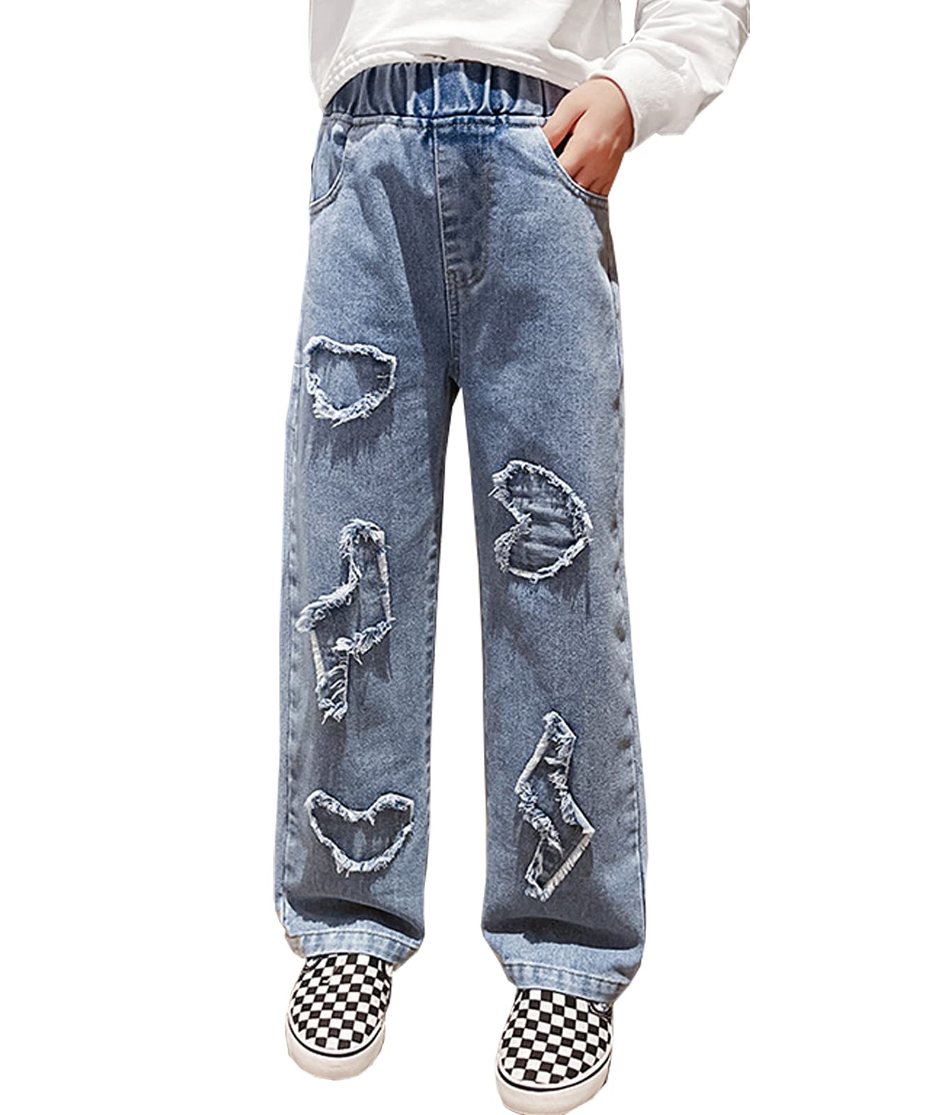 NABER Girls' Stretchable Ripped Jeans - High Waist Distressed Denim Pants for Kids Age 4-15 - Trendy Wide Leg Washed Jeans for School, Playdates & Casual Outings