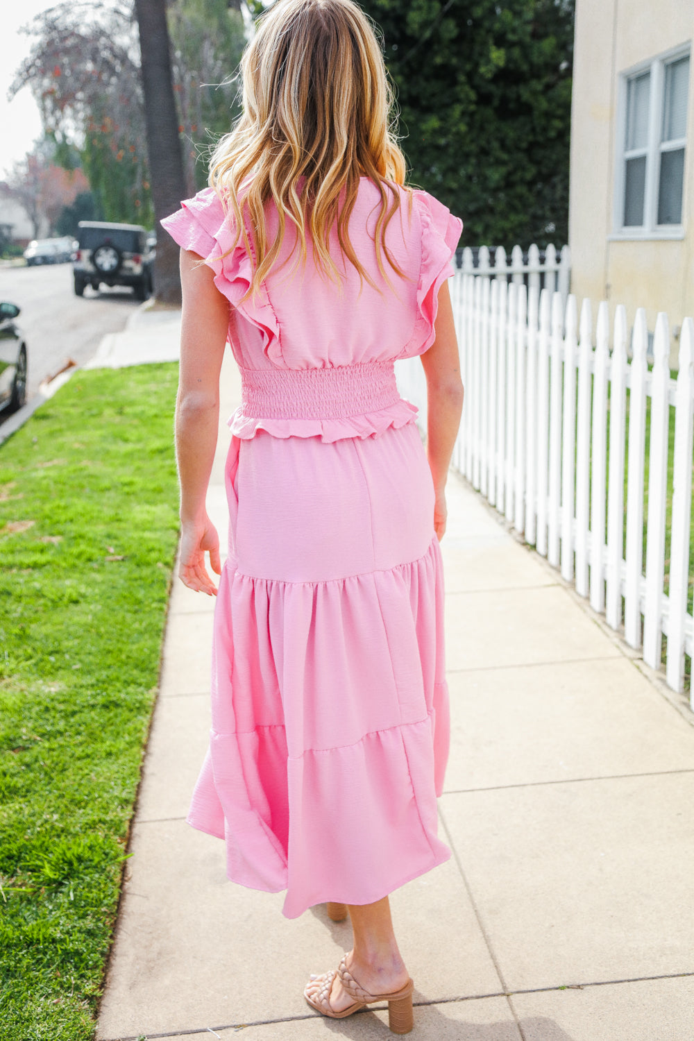 Elegant Pink Double Flutter Sleeve Smocked Waist Maxi Dress for Women | Summer Beach Wedding Party Dress