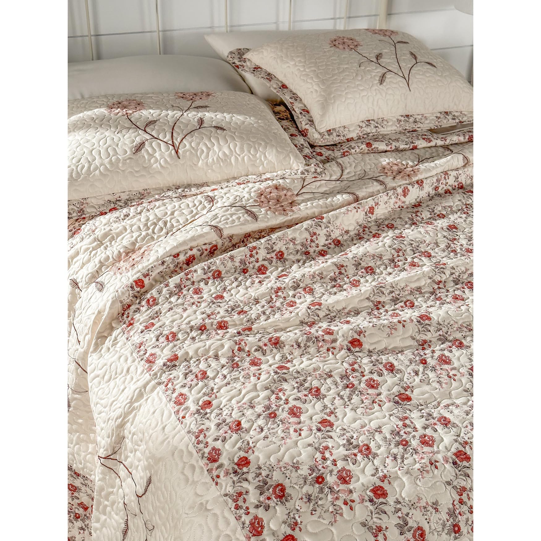 BrylaneHome Margaret Embroidered King Size Bedspread - Floral Rose Design for Luxury Bedroom Decor & Master Suite Styling