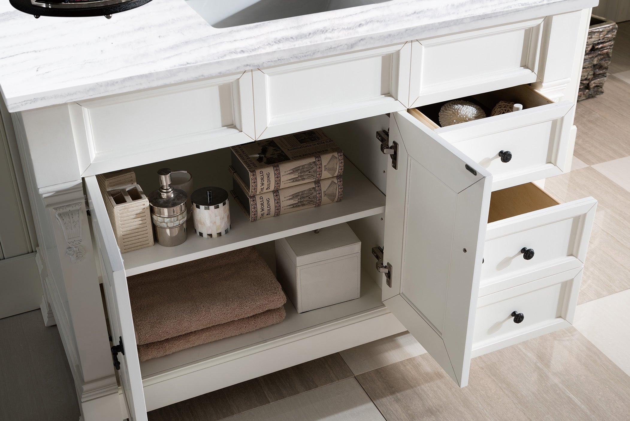 Brookfield 48 Inch Single Bathroom Vanity with Bright White Finish & 3CM Arctic Fall Solid Surface Top - Perfect for Modern Bathroom Renovations & Home Upgrades