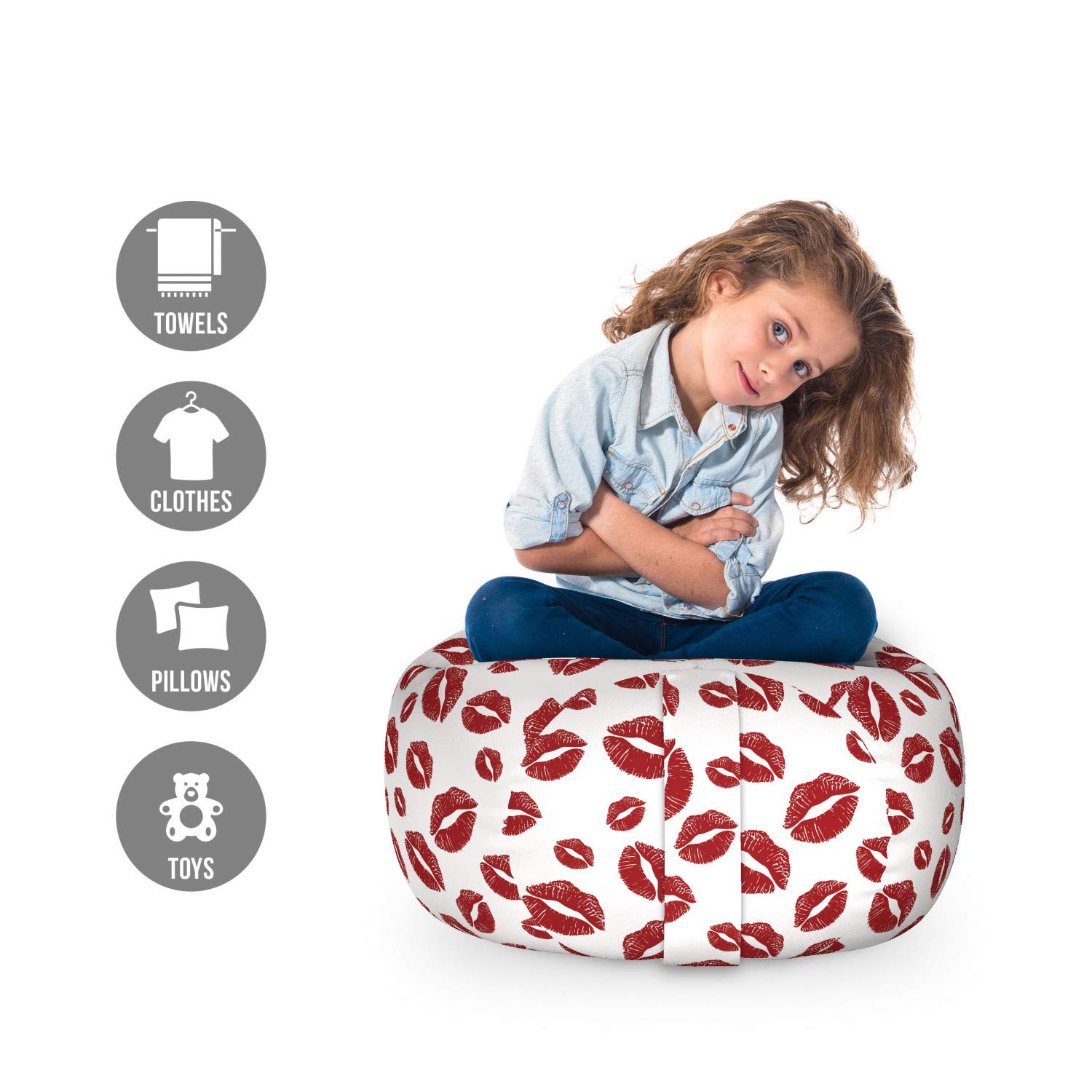 Ambesonne Kiss Storage Toy Bag Chair - Monochrome Warm Tone Design, Stuffed Animal Organizer & Washable Storage Bag, Small Size (Ruby & White) - Perfect for Kids' Room, Nursery, or Playroom Organization
