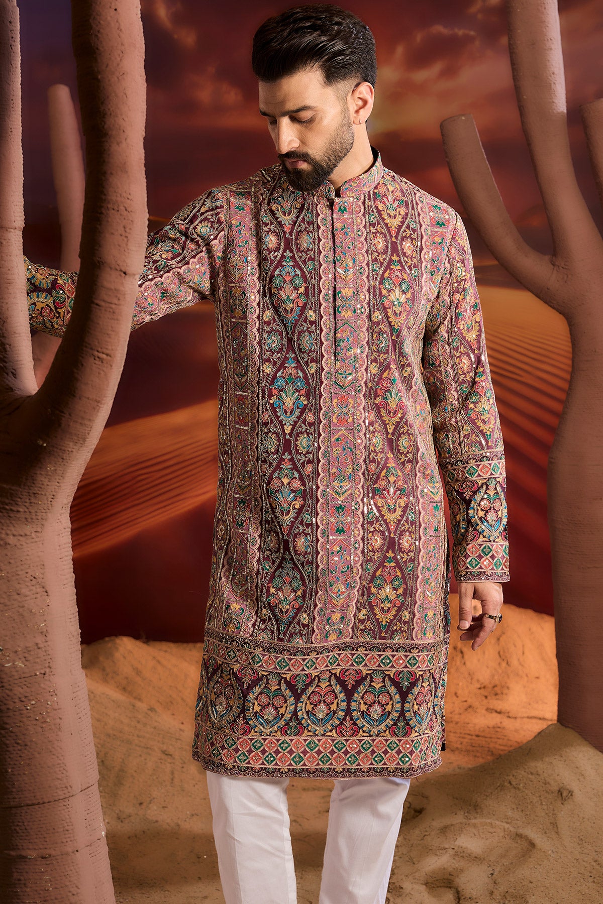 Elegant Purple Floral Kurta with Intricate Multi-Thread & Zari Embroidery - Perfect for Festive Occasions, Weddings, and Ethnic Fashion