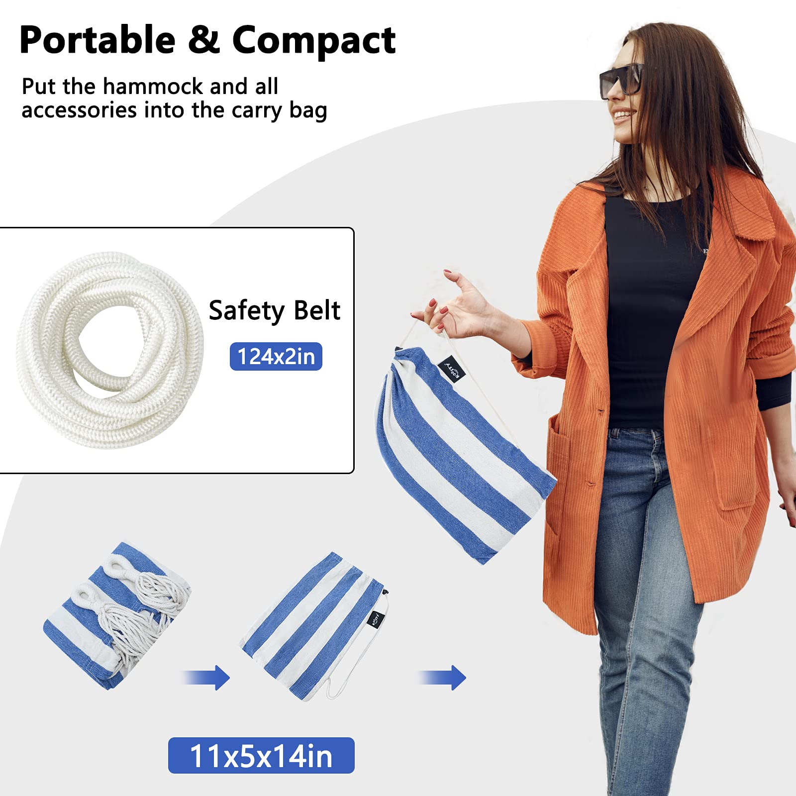 Premium Double Hammock - Brazilian Style Cotton Fabric with Portable Carrying Bag - Supports 450 lbs - Perfect for Patio, Garden, Backyard & Indoor Use - Extra Large Blue & White Striped Design - Ideal for Relaxation, Camping & Beach Outings